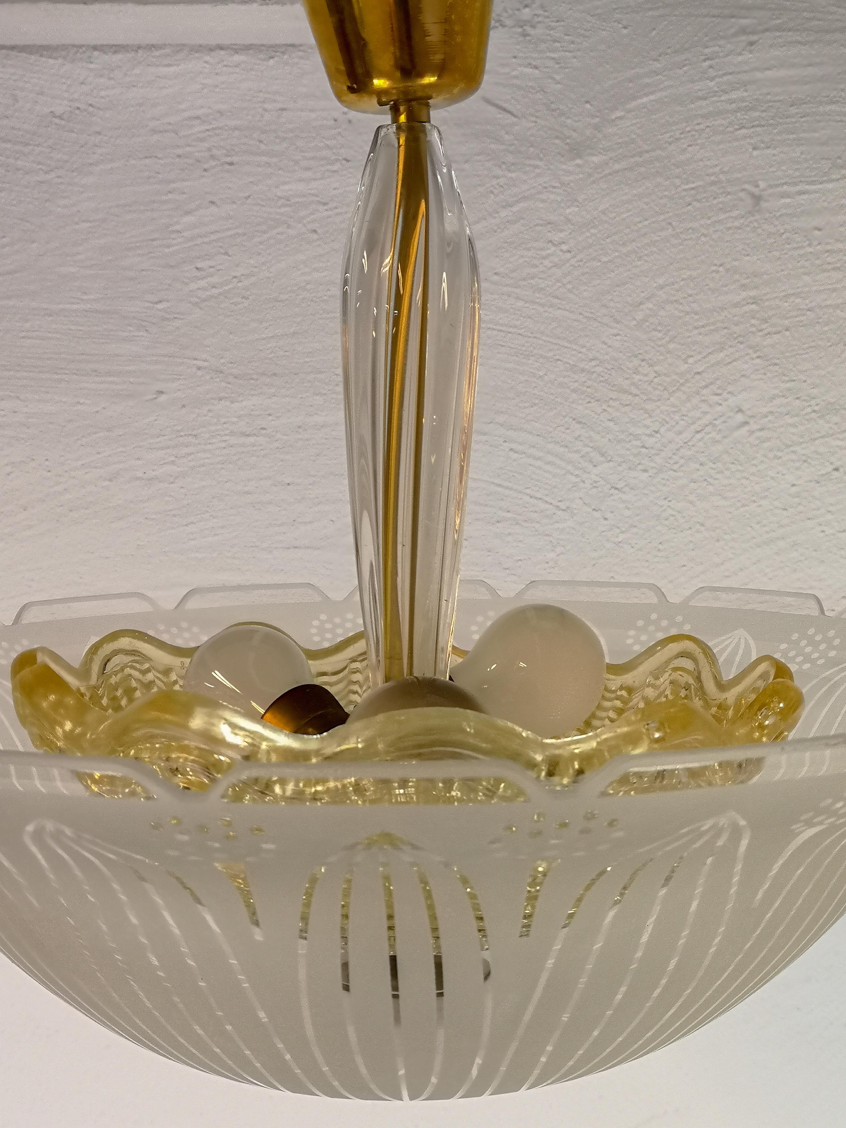 Mid-20th Century Large Swedish Orrefors Textured Glass Ceiling Fixture For Sale