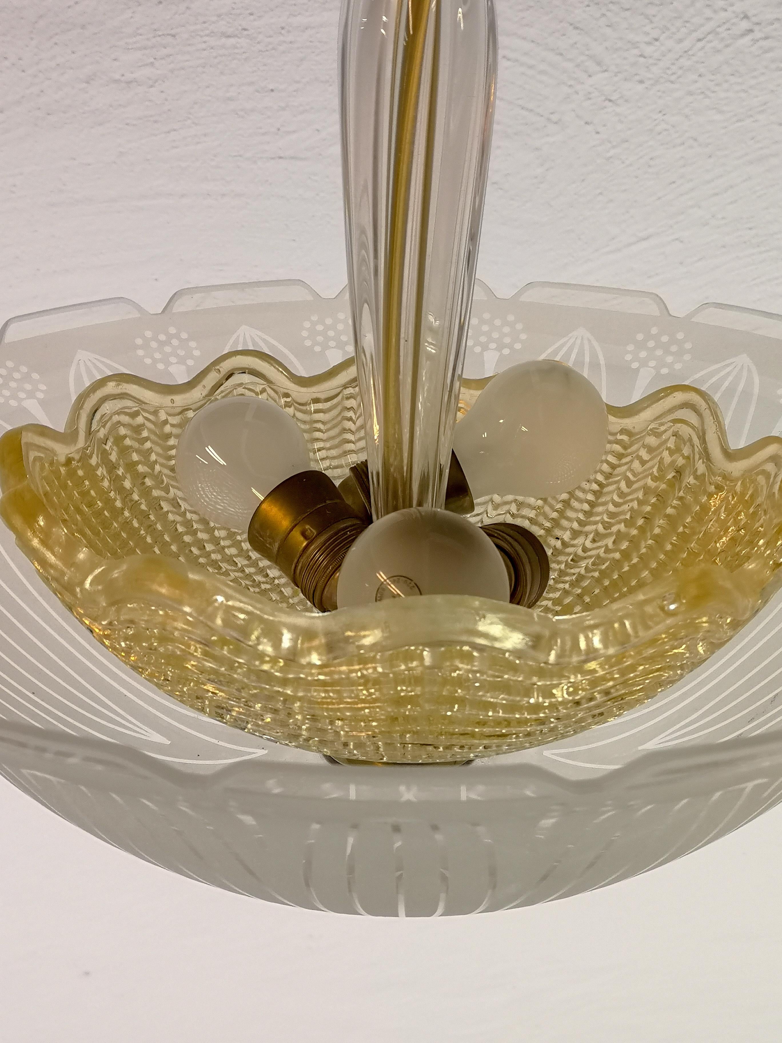 Brass Large Swedish Orrefors Textured Glass Ceiling Fixture For Sale