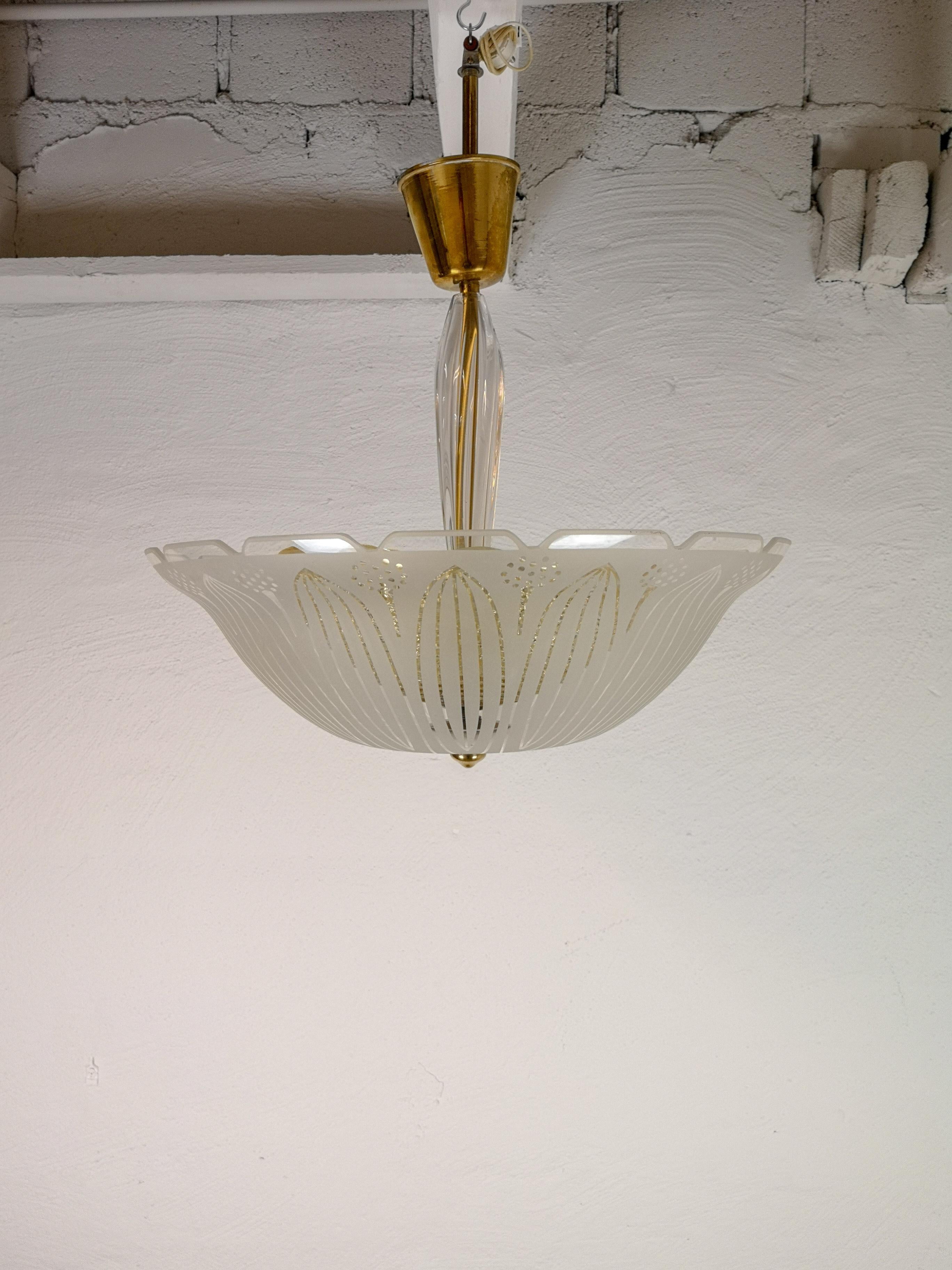 Large Swedish Orrefors Textured Glass Ceiling Fixture For Sale 1