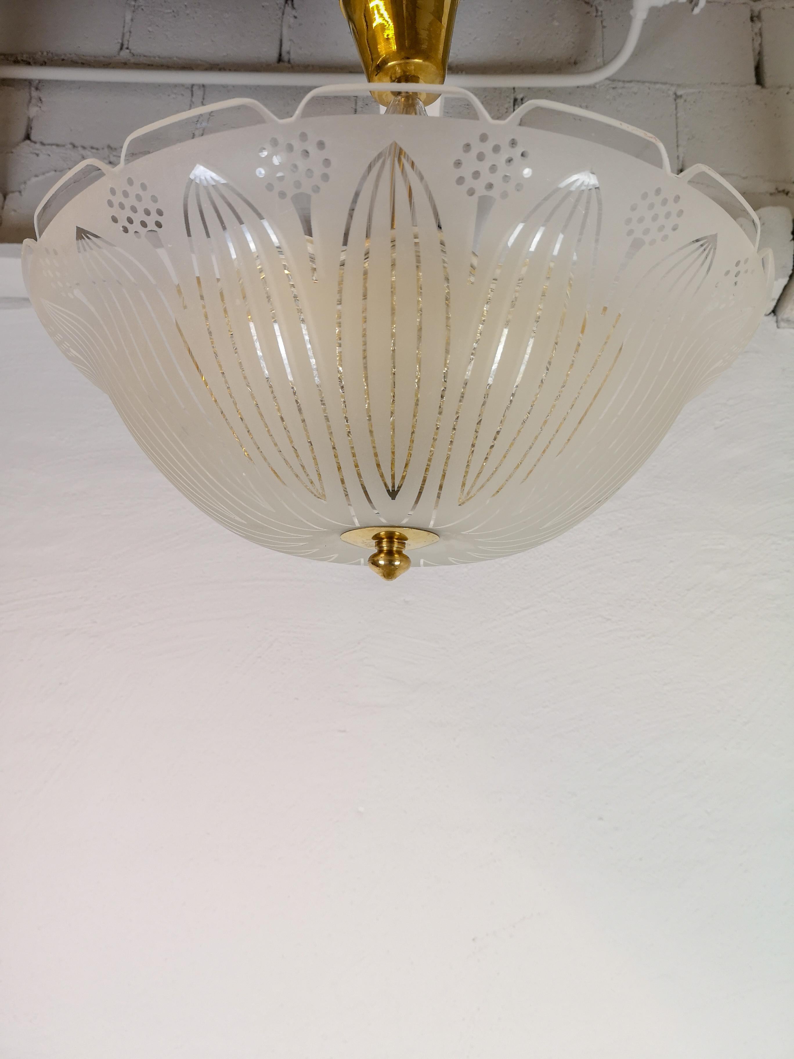 Large Swedish Orrefors Textured Glass Ceiling Fixture For Sale 2