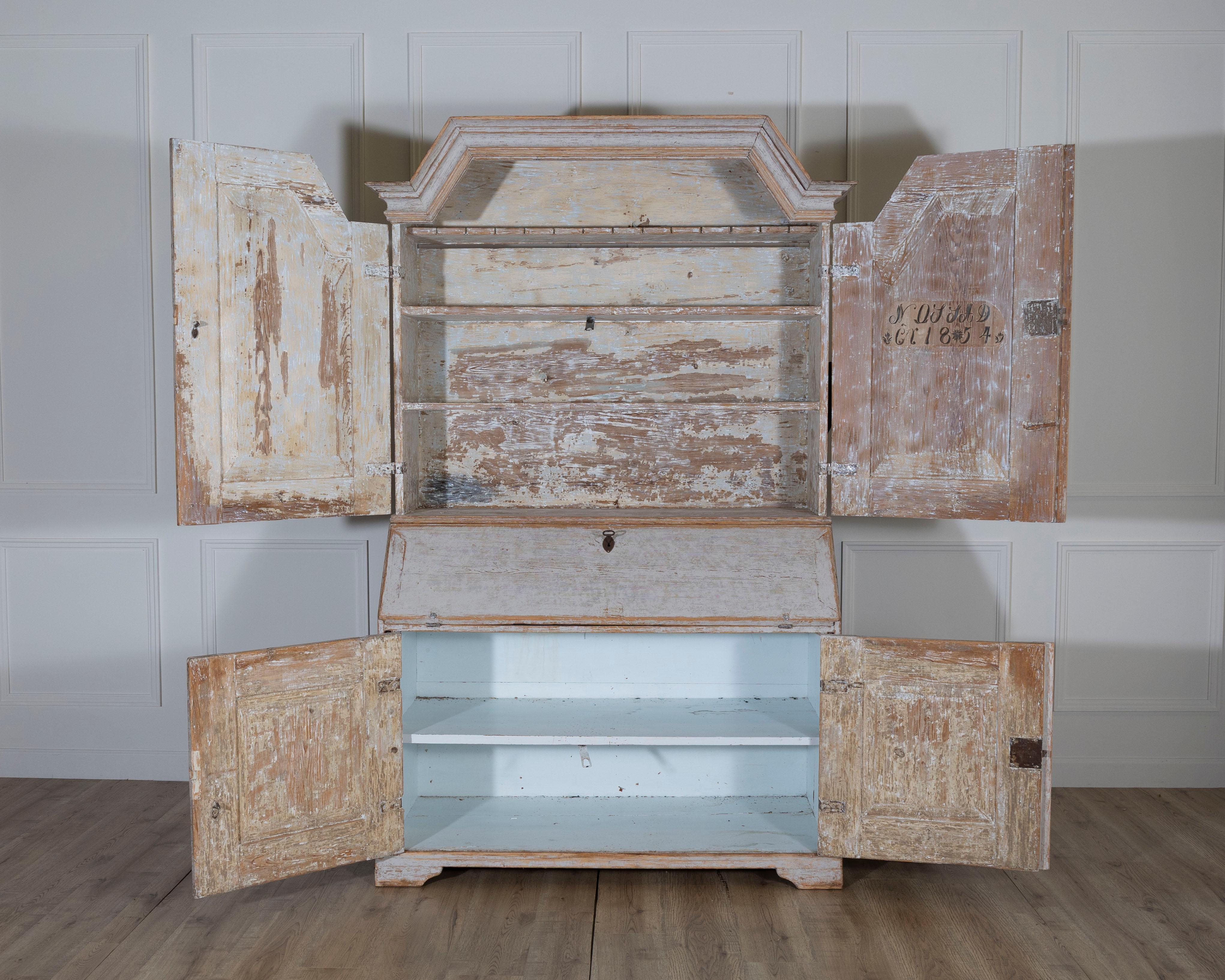 19th Century Large Swedish Painted Secretary from Värmland, Dated 1854 For Sale