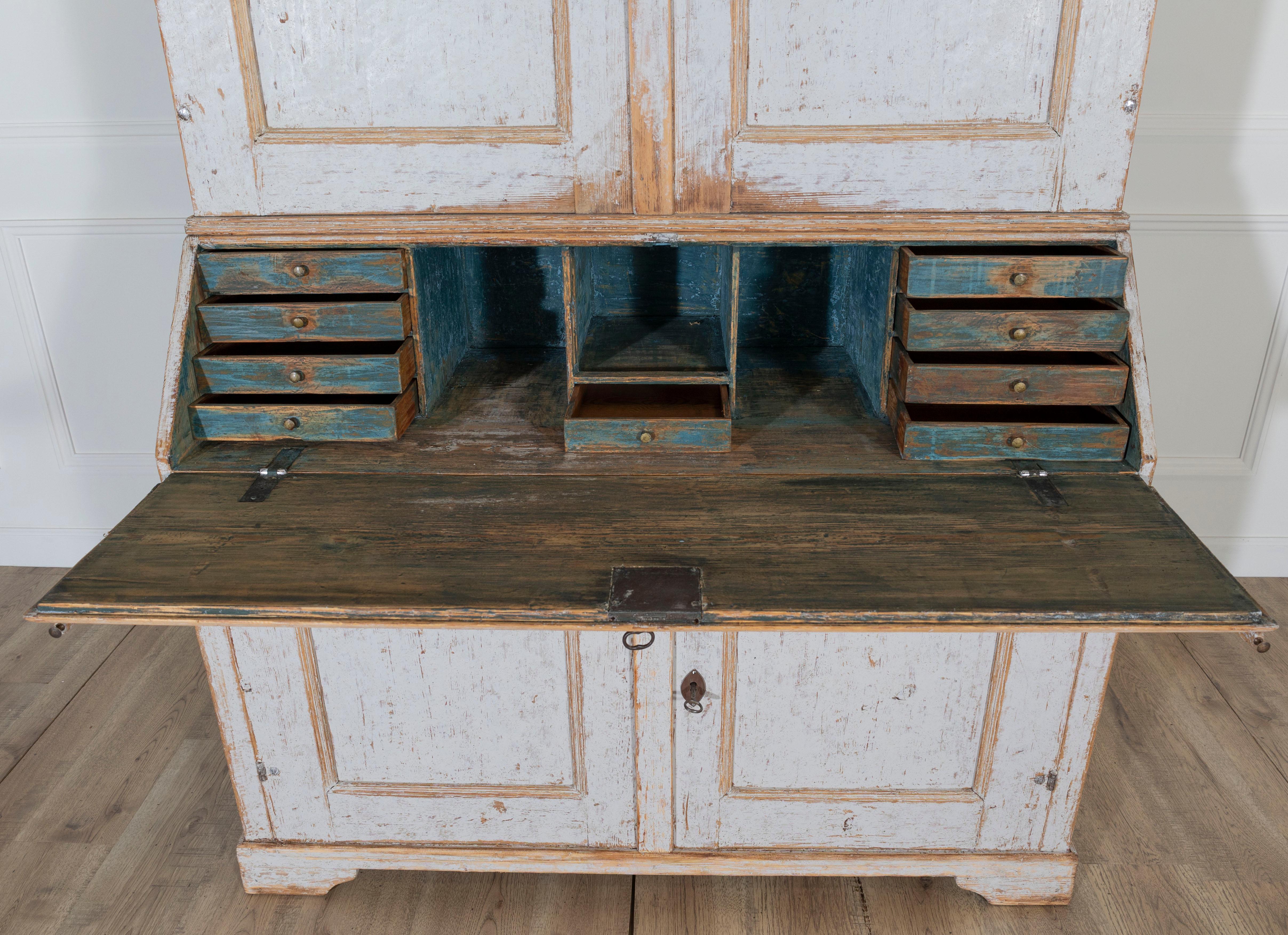 Wood Large Swedish Painted Secretary from Värmland, Dated 1854 For Sale