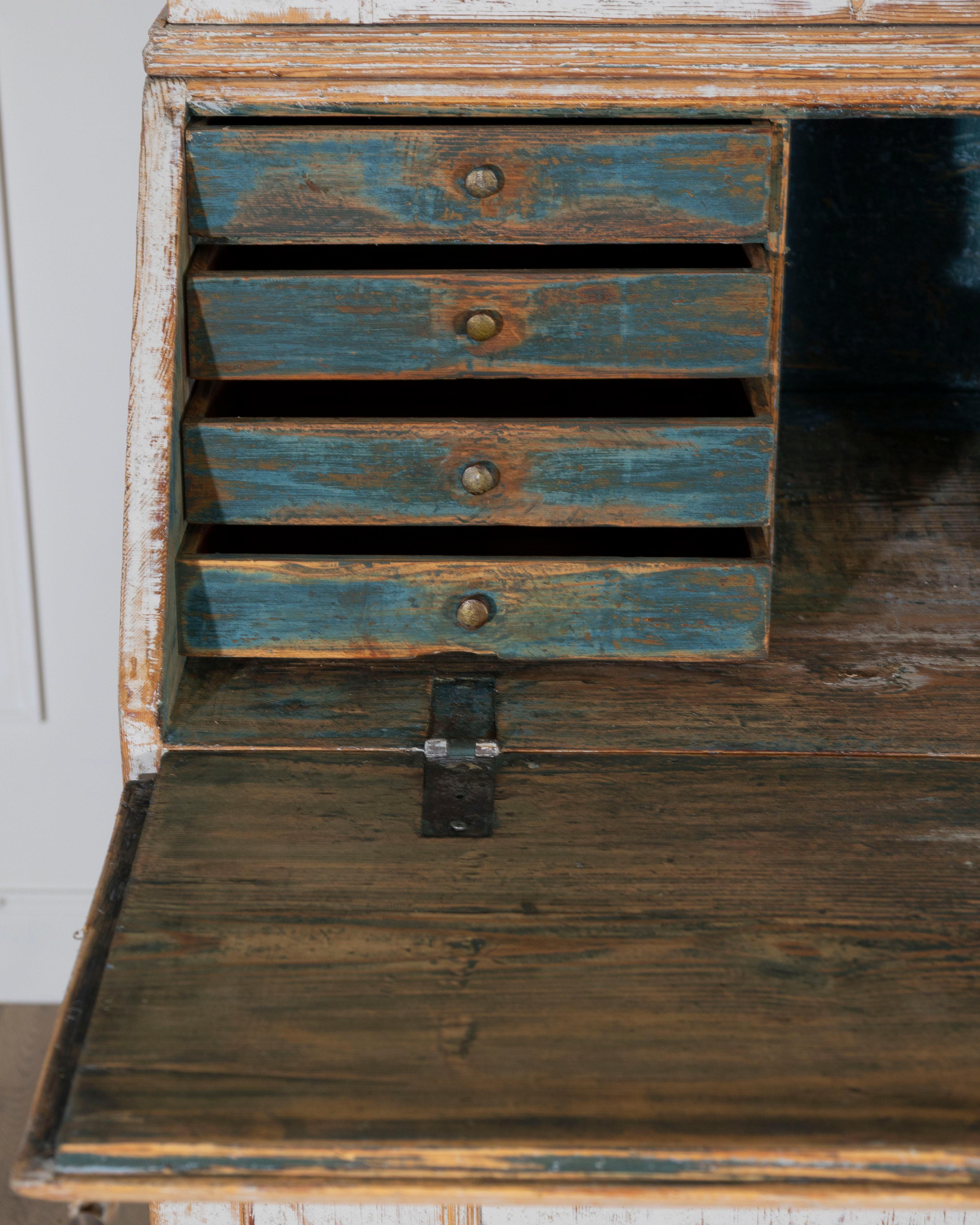 Large Swedish Painted Secretary from Värmland, Dated 1854 For Sale 1