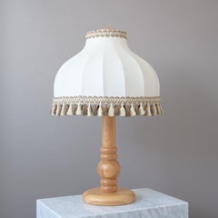 Large Swedish Pine Wood Table Lamp w. Original Fabric Shade, 1970s