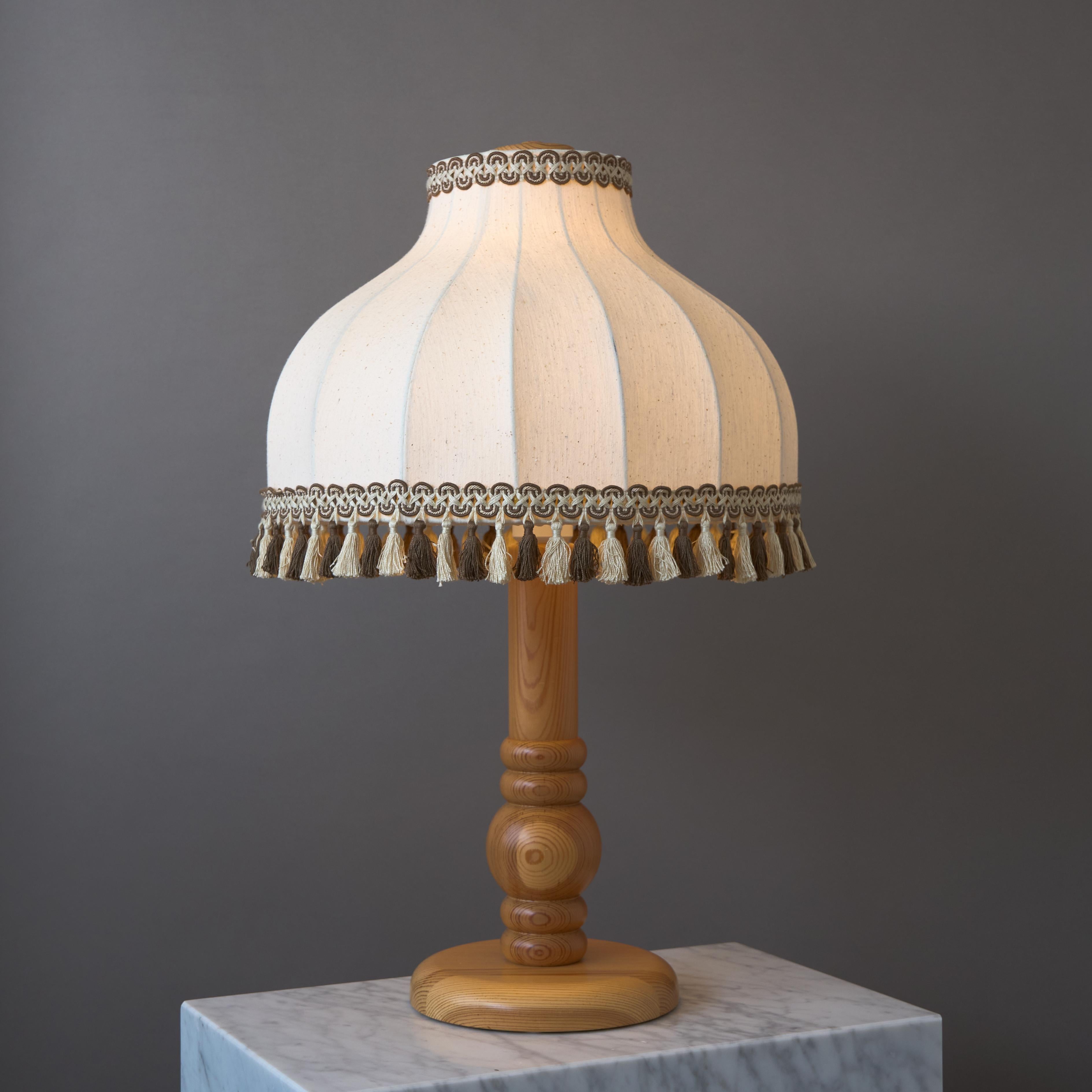 Turned Large Swedish Pine Wood Table Lamp w. Original Fabric Shade, 1970s For Sale