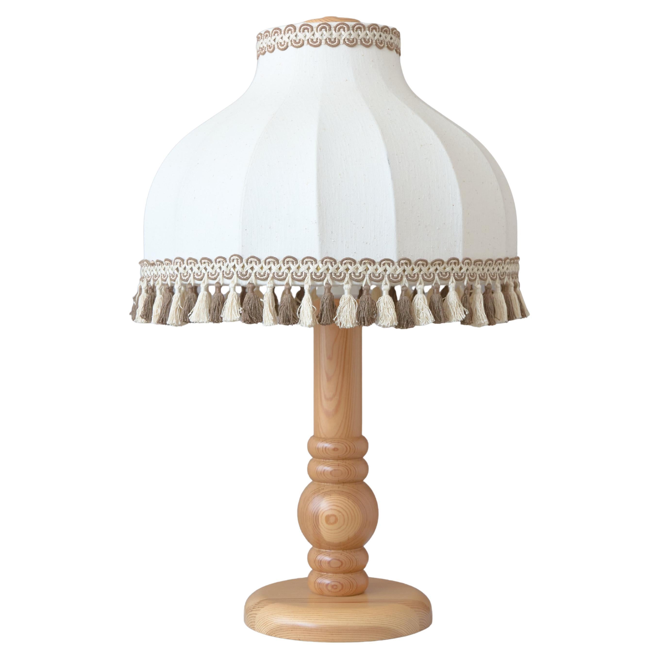 Large Swedish Pine Wood Table Lamp w. Original Fabric Shade, 1970s For Sale