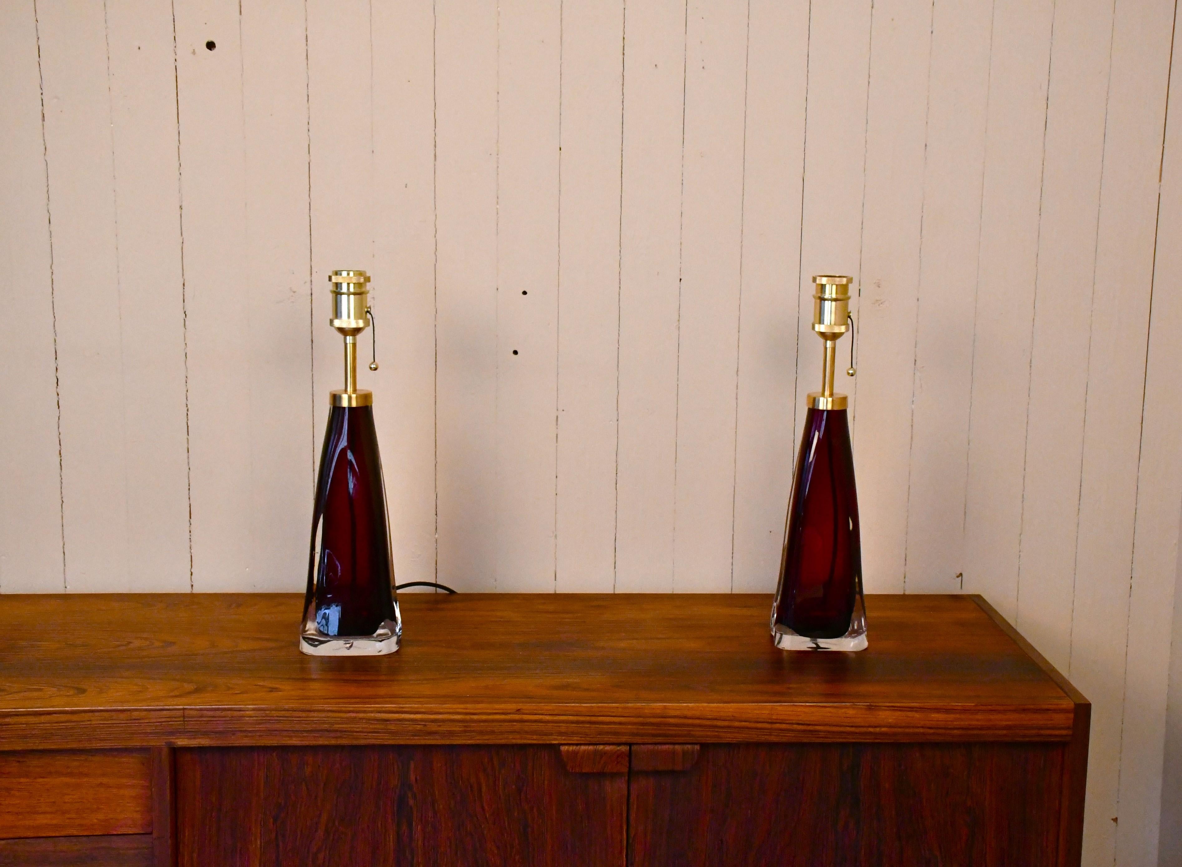 Scandinavian Modern Large Swedish Ruby Red Art Glass Table Lamps by Carl Fagerlund, Orrefors, 1950s For Sale