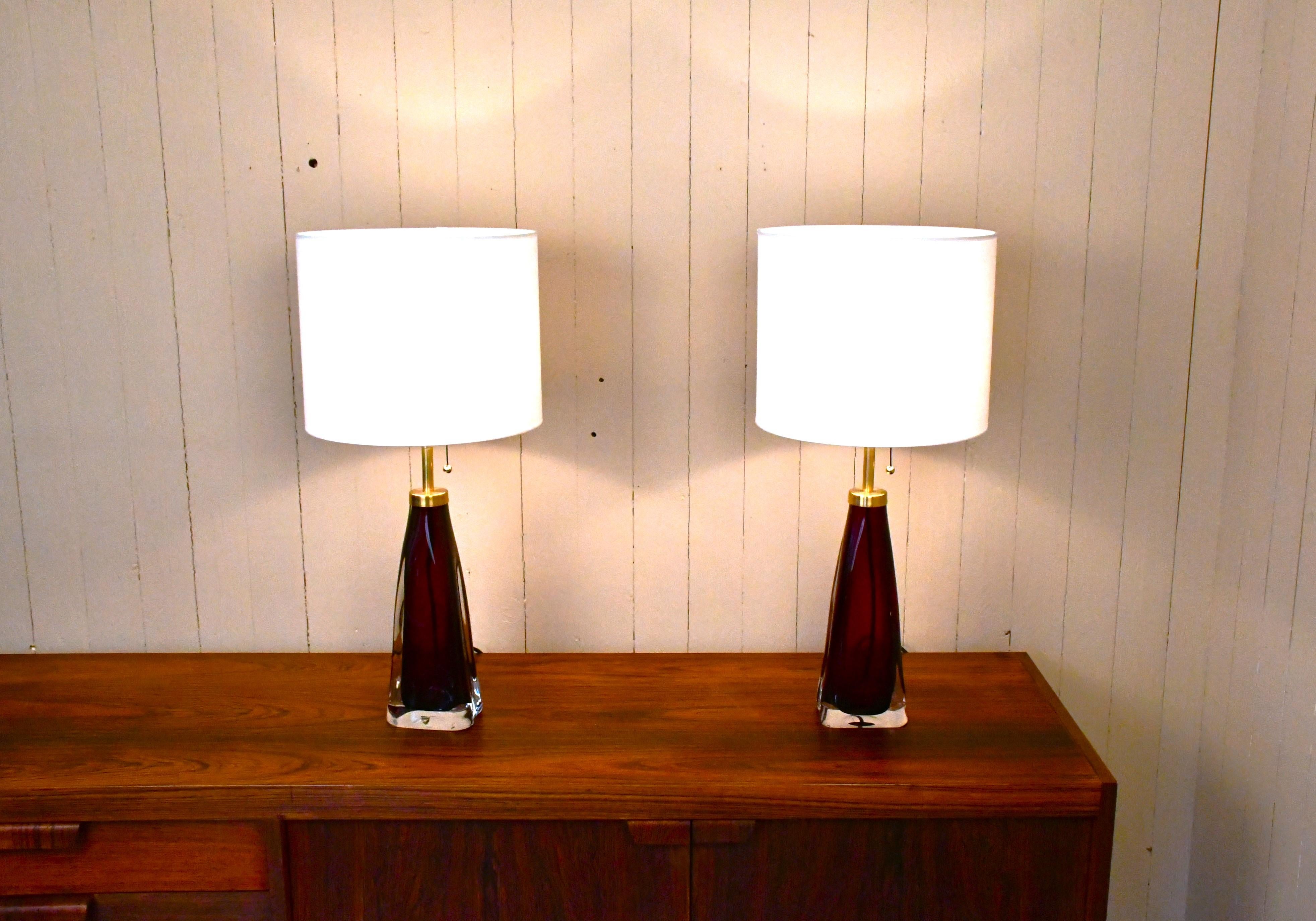 Brass Large Swedish Ruby Red Art Glass Table Lamps by Carl Fagerlund, Orrefors, 1950s For Sale