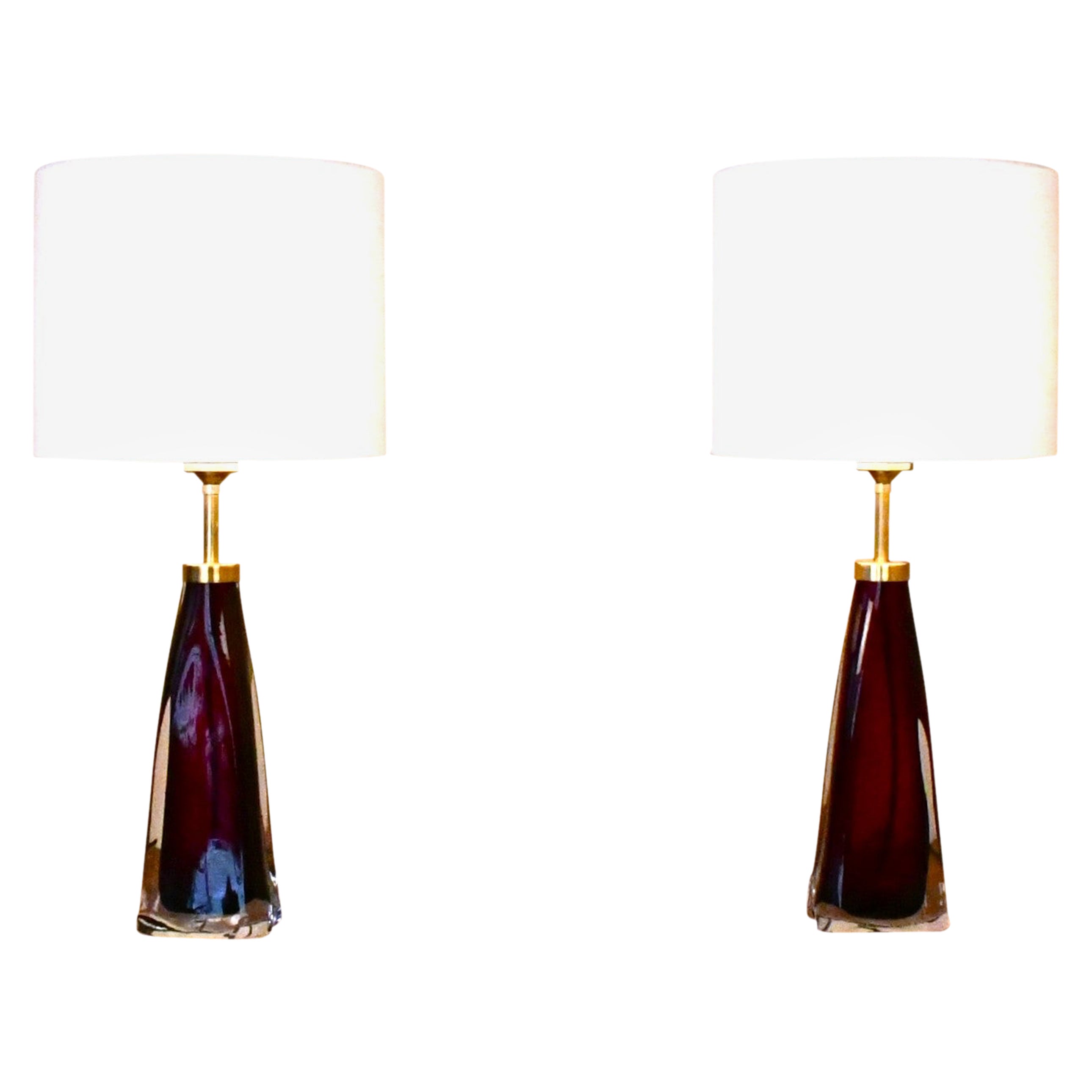 Large Swedish Ruby Red Art Glass Table Lamps by Carl Fagerlund, Orrefors, 1950s For Sale