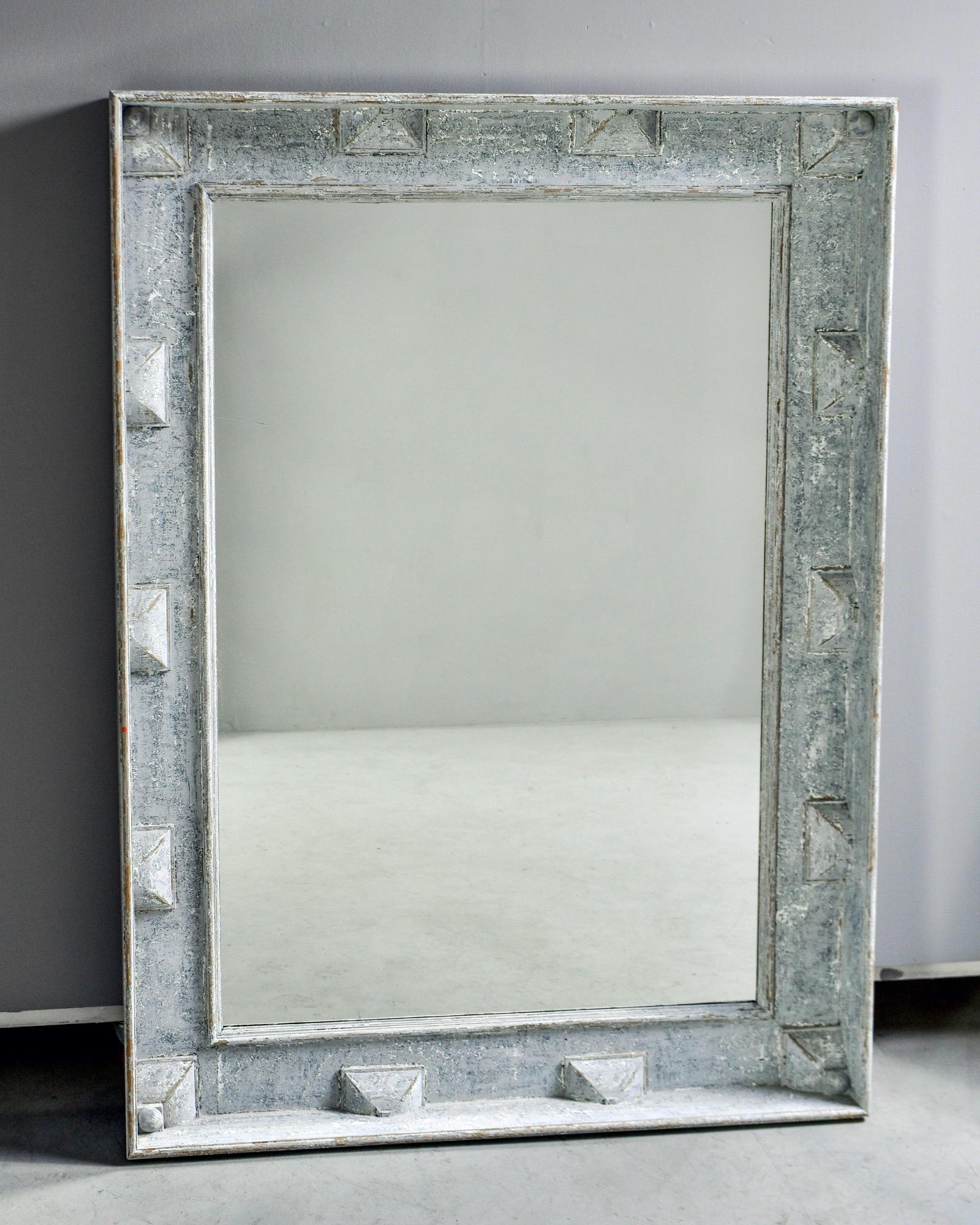 Large Swedish Style Mirror with Gray Blue Paint In Good Condition In Troy, MI