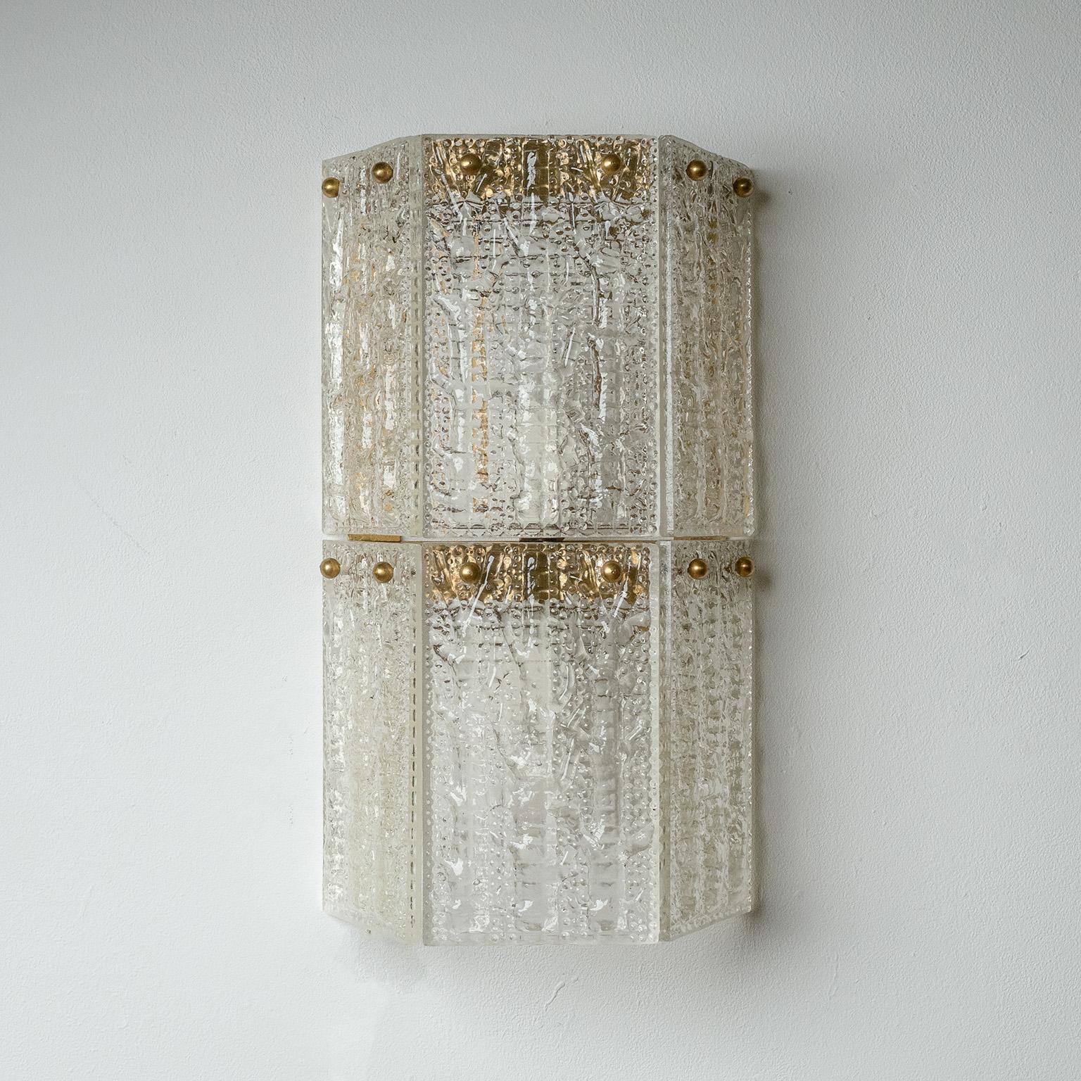 Brass Large Swedish Textured Glass Sconces, 1960s For Sale