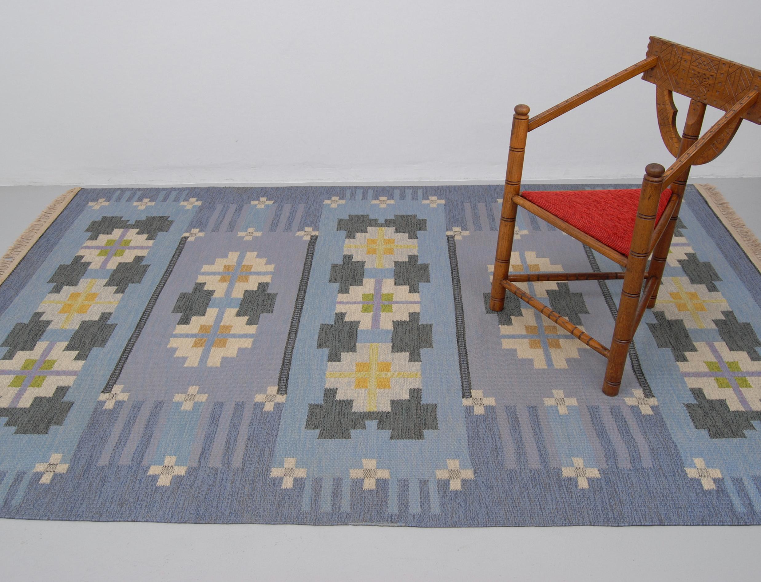 Wool Large Swedish Vintage Flat-Weave Rölakan Carpet by Ingegerd Silow