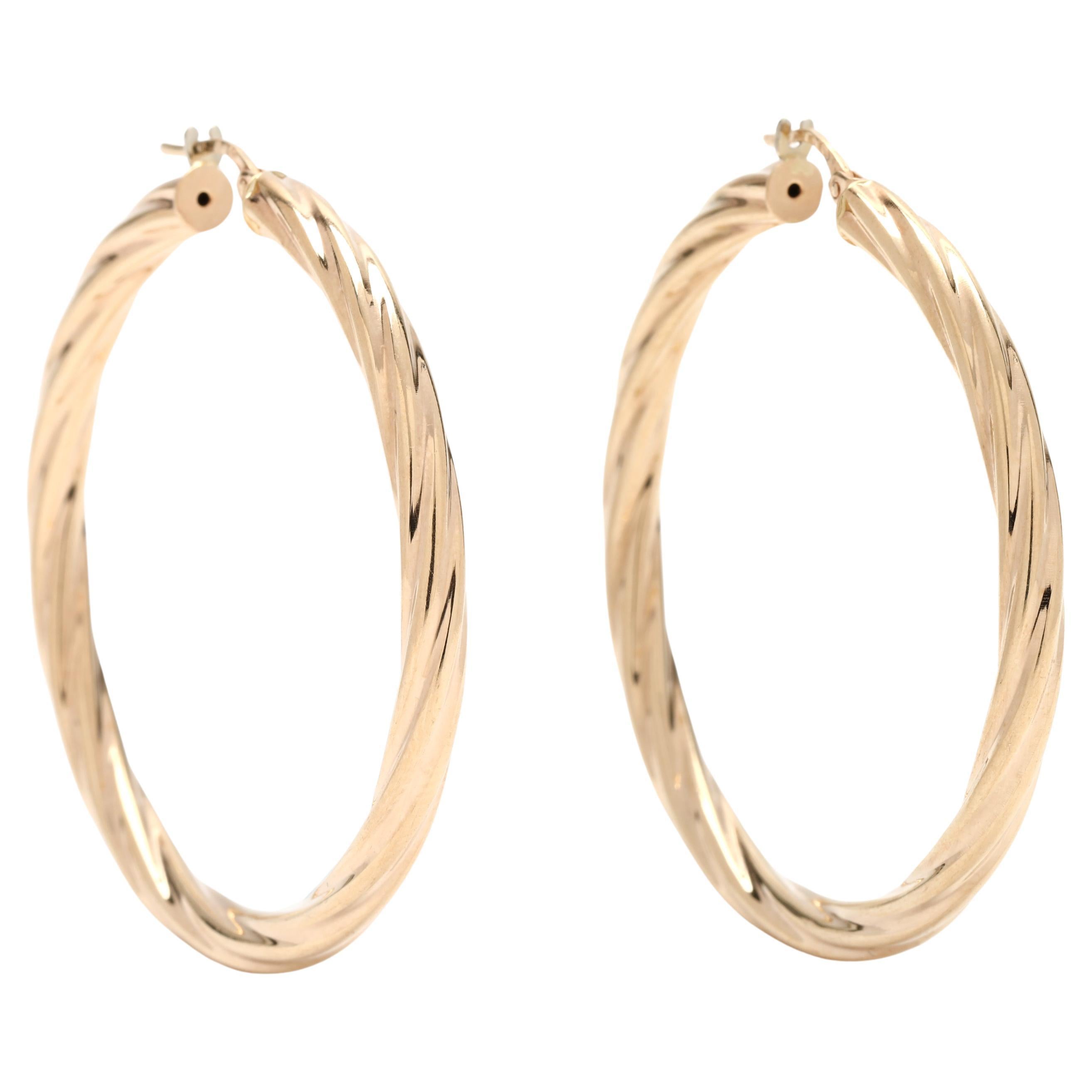 Large Swirl Hoop Earrings, 14k Yellow Gold, Length 1.88 Inches