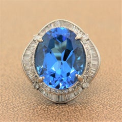 Large Swiss Blue Topaz Diamond Platinum Cocktail Ring