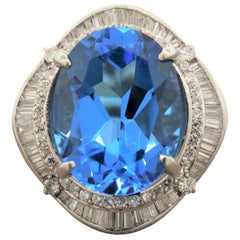 Large Swiss Blue Topaz Diamond Platinum Cocktail Ring