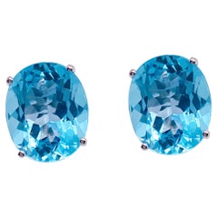 Large Swiss Blue Topaz Oval Stud Earrings 14k White Gold 12x10mm 12carats