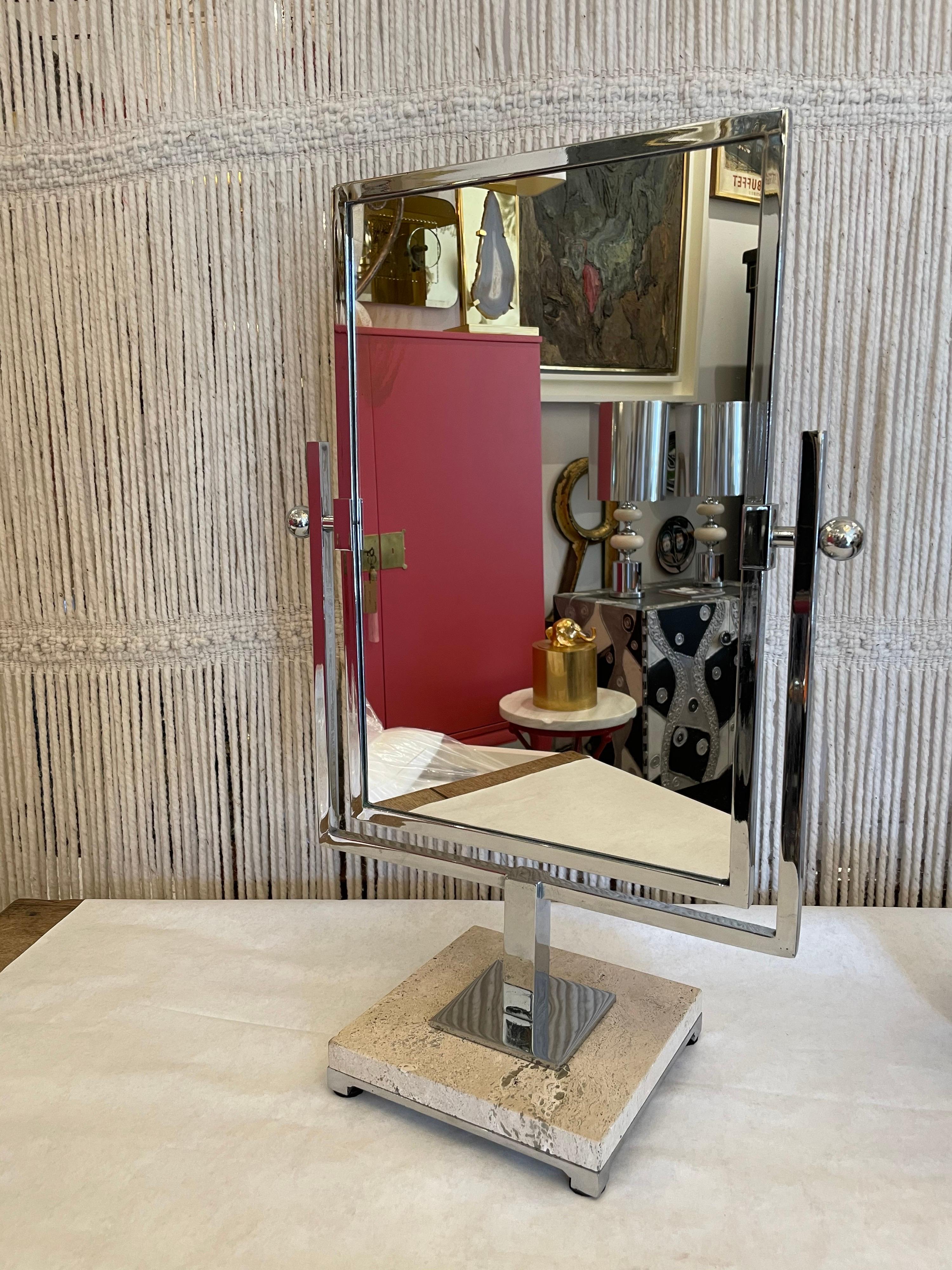 Large Swivel Vanity Mirror on Travertine Base For Sale 4