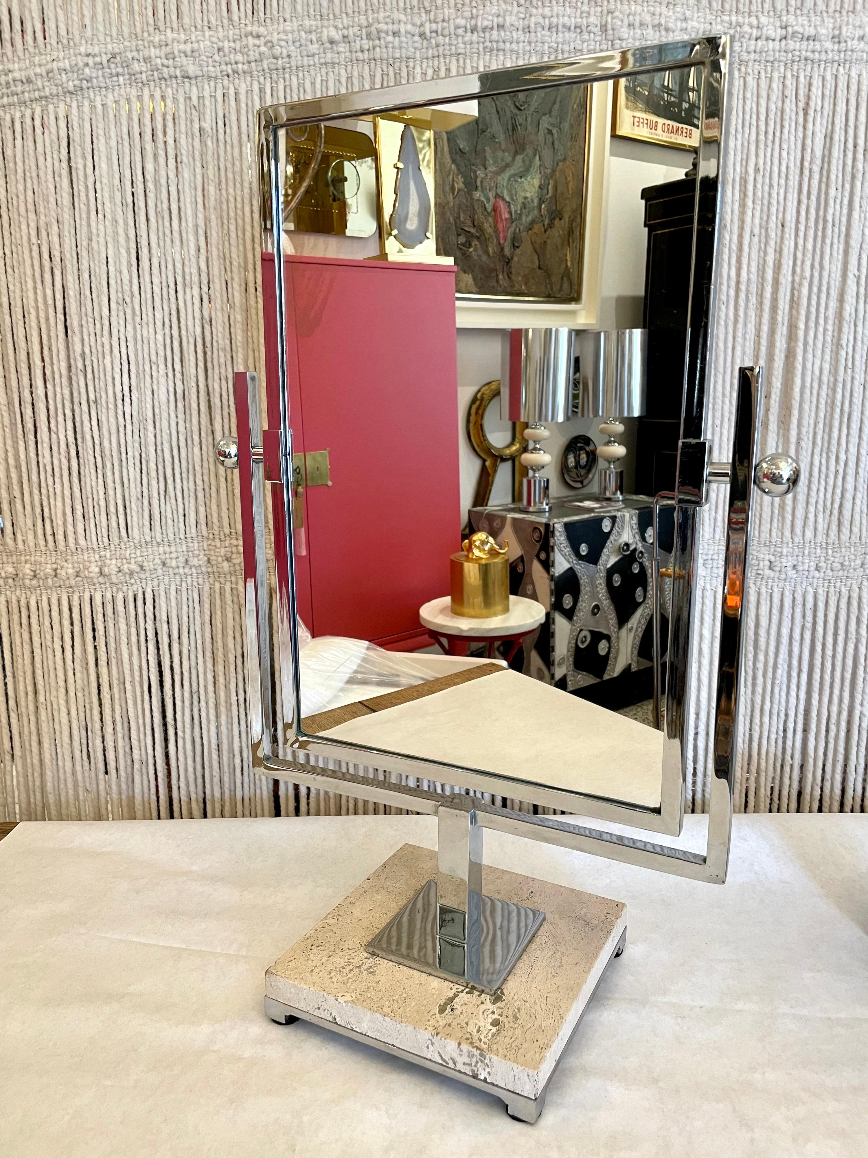 American Large Swivel Vanity Mirror on Travertine Base For Sale