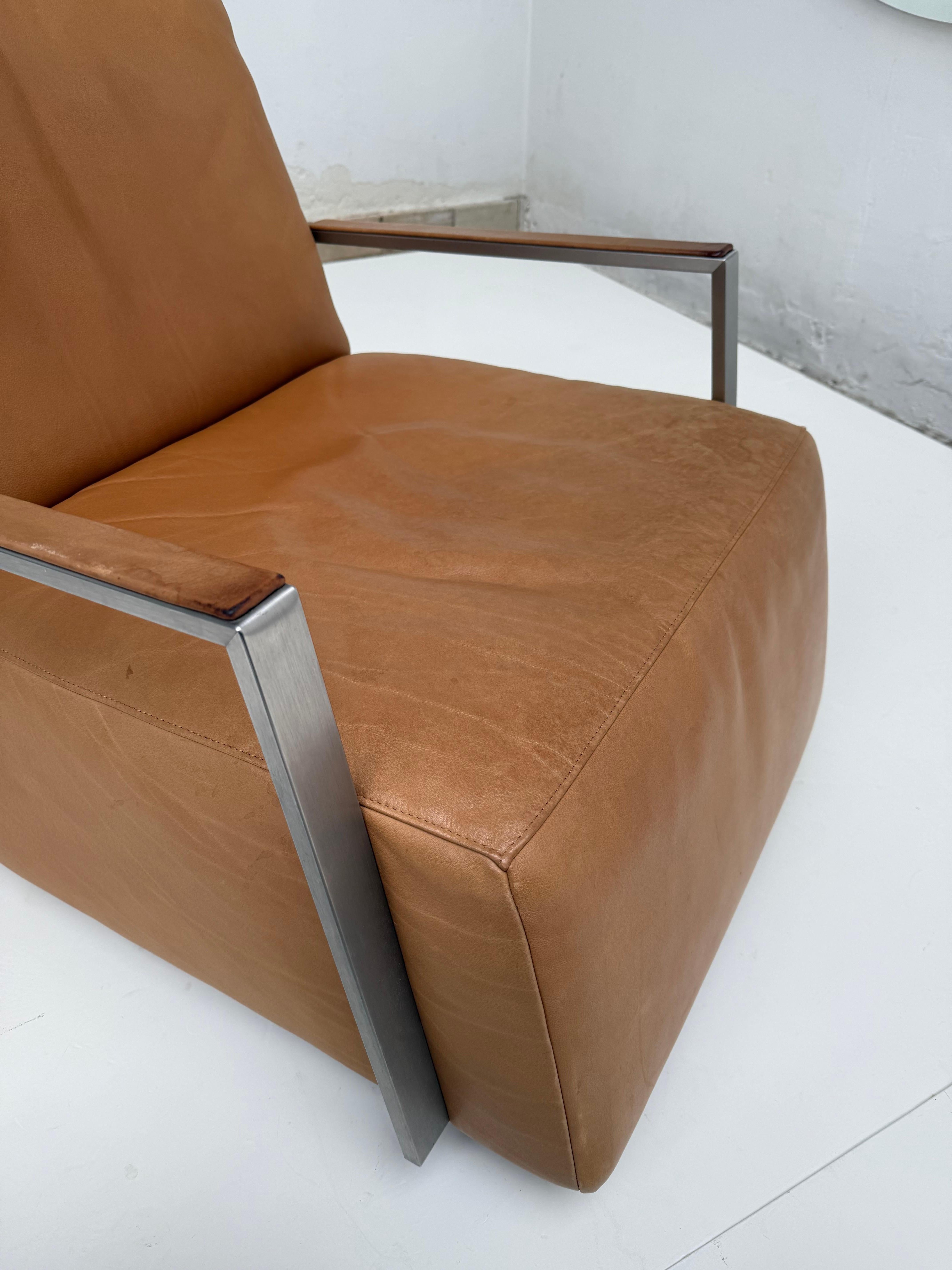 Large Swivelling Leather & Inox Steel Lounge Chair, Topform The Netherlands 1990 For Sale 3
