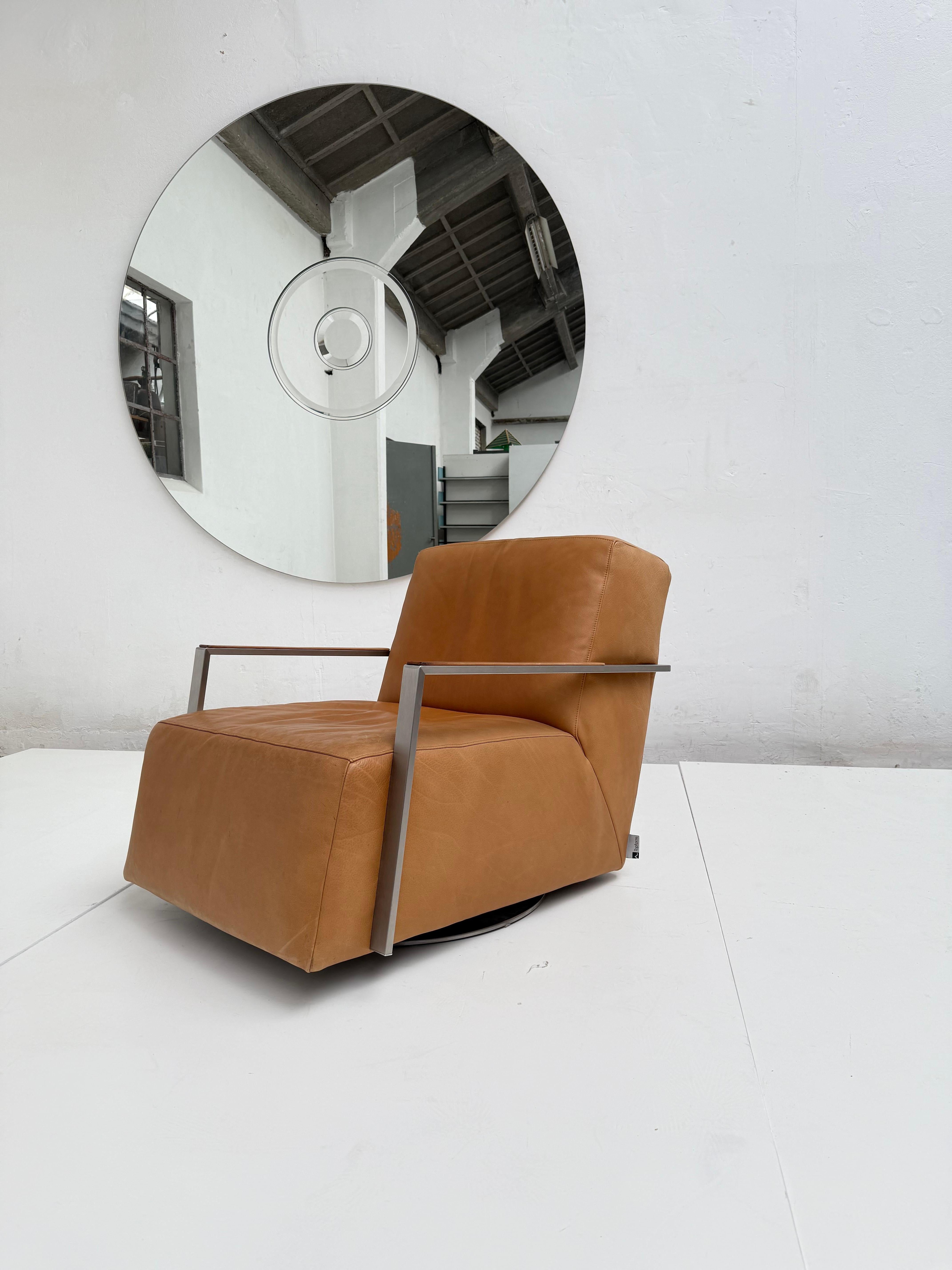 Post-Modern Large Swivelling Leather & Inox Steel Lounge Chair, Topform The Netherlands 1990 For Sale