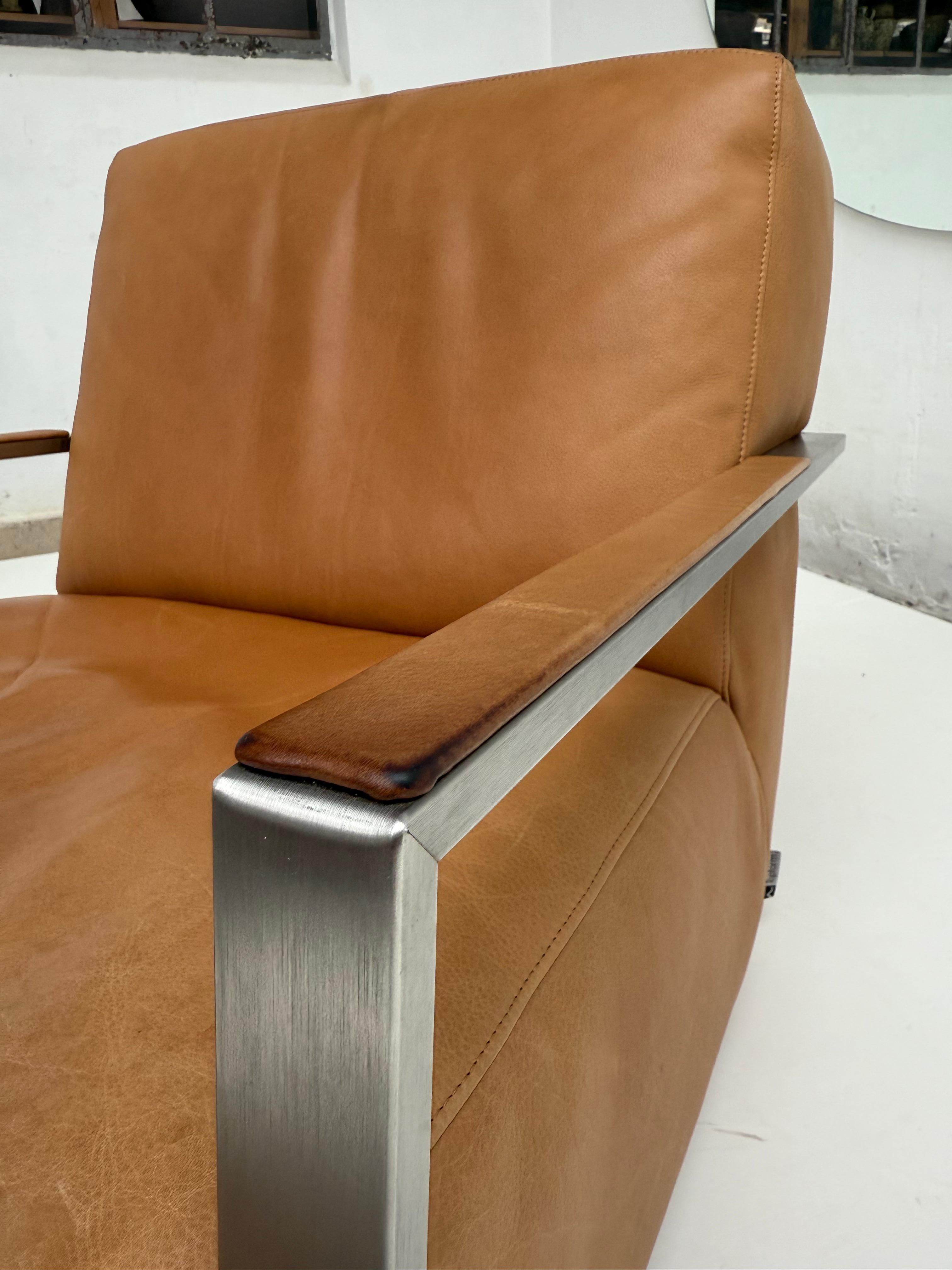 Dutch Large Swivelling Leather & Inox Steel Lounge Chair, Topform The Netherlands 1990 For Sale