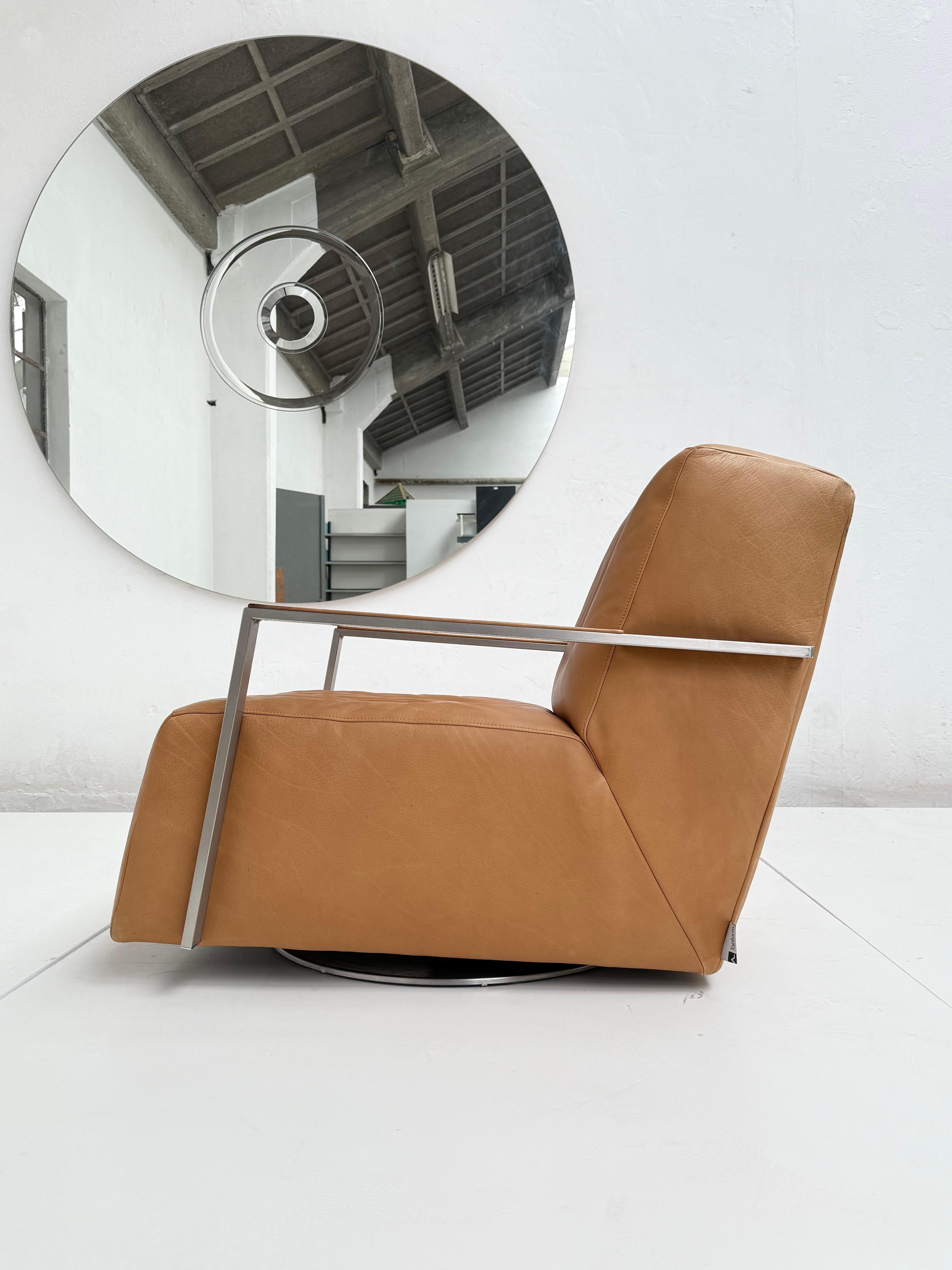 Stainless Steel Large Swivelling Leather & Inox Steel Lounge Chair, Topform The Netherlands 1990 For Sale