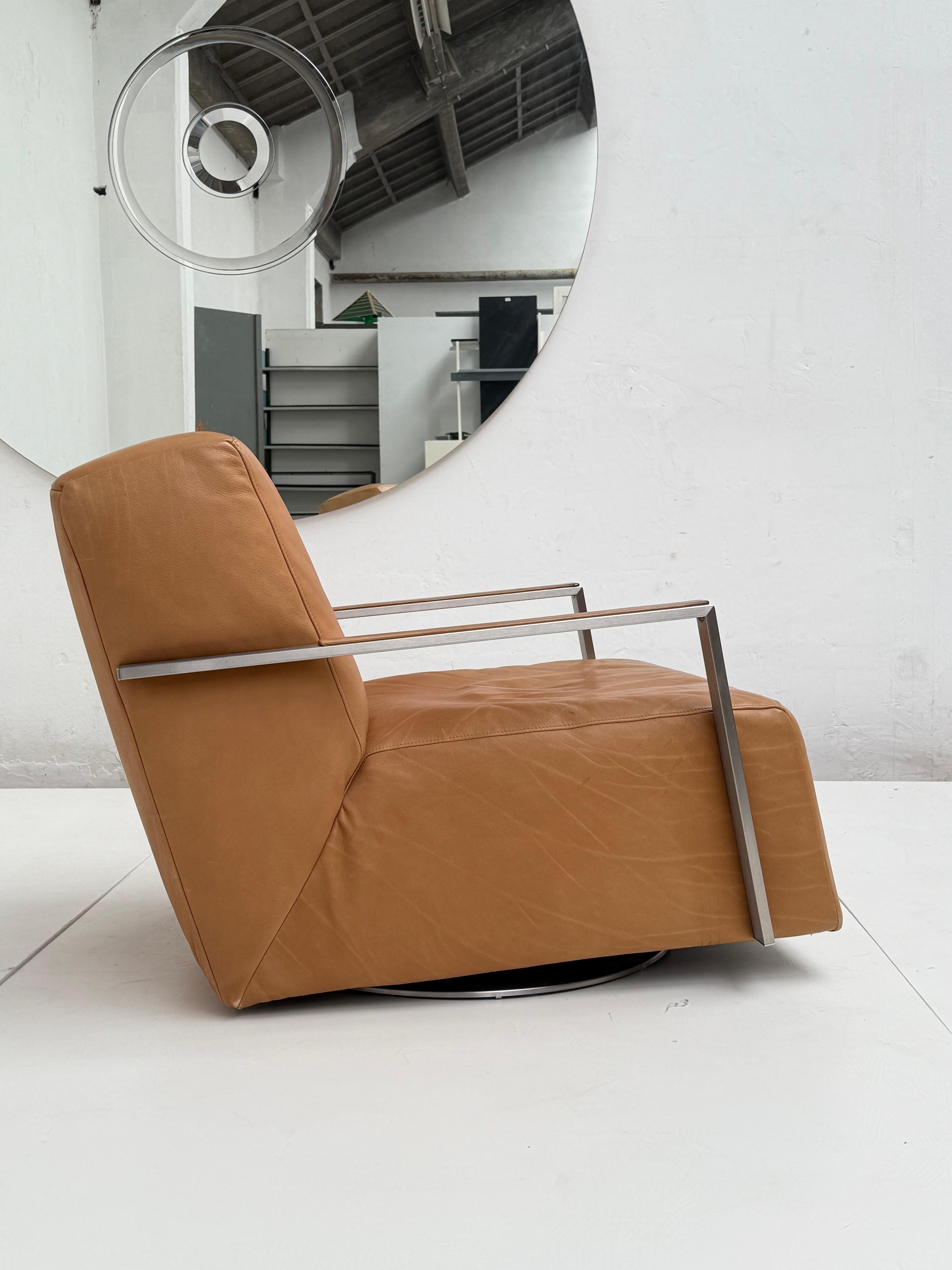 Large Swivelling Leather & Inox Steel Lounge Chair, Topform The Netherlands 1990 For Sale 2