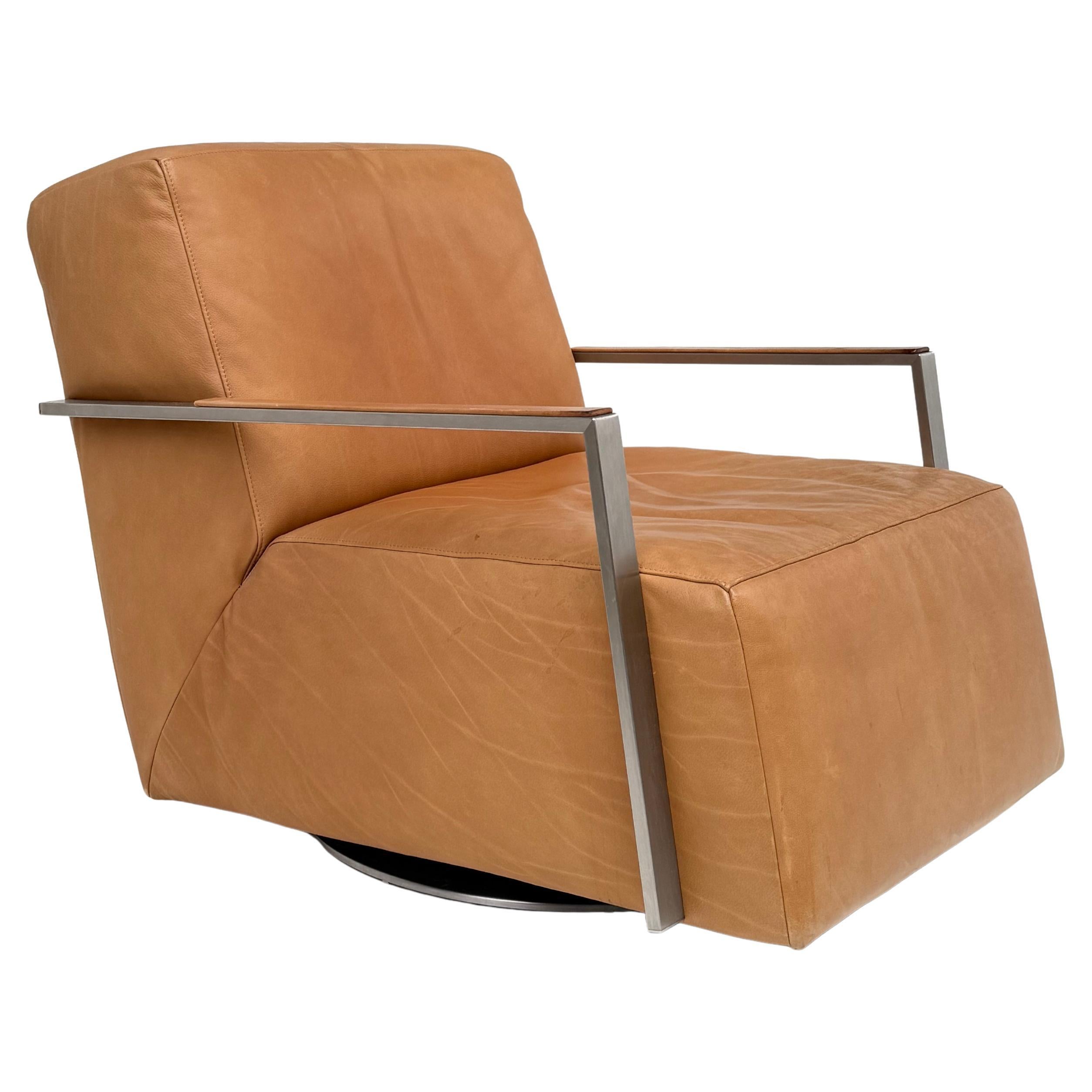 Large Swivelling Leather & Inox Steel Lounge Chair, Topform The Netherlands 1990