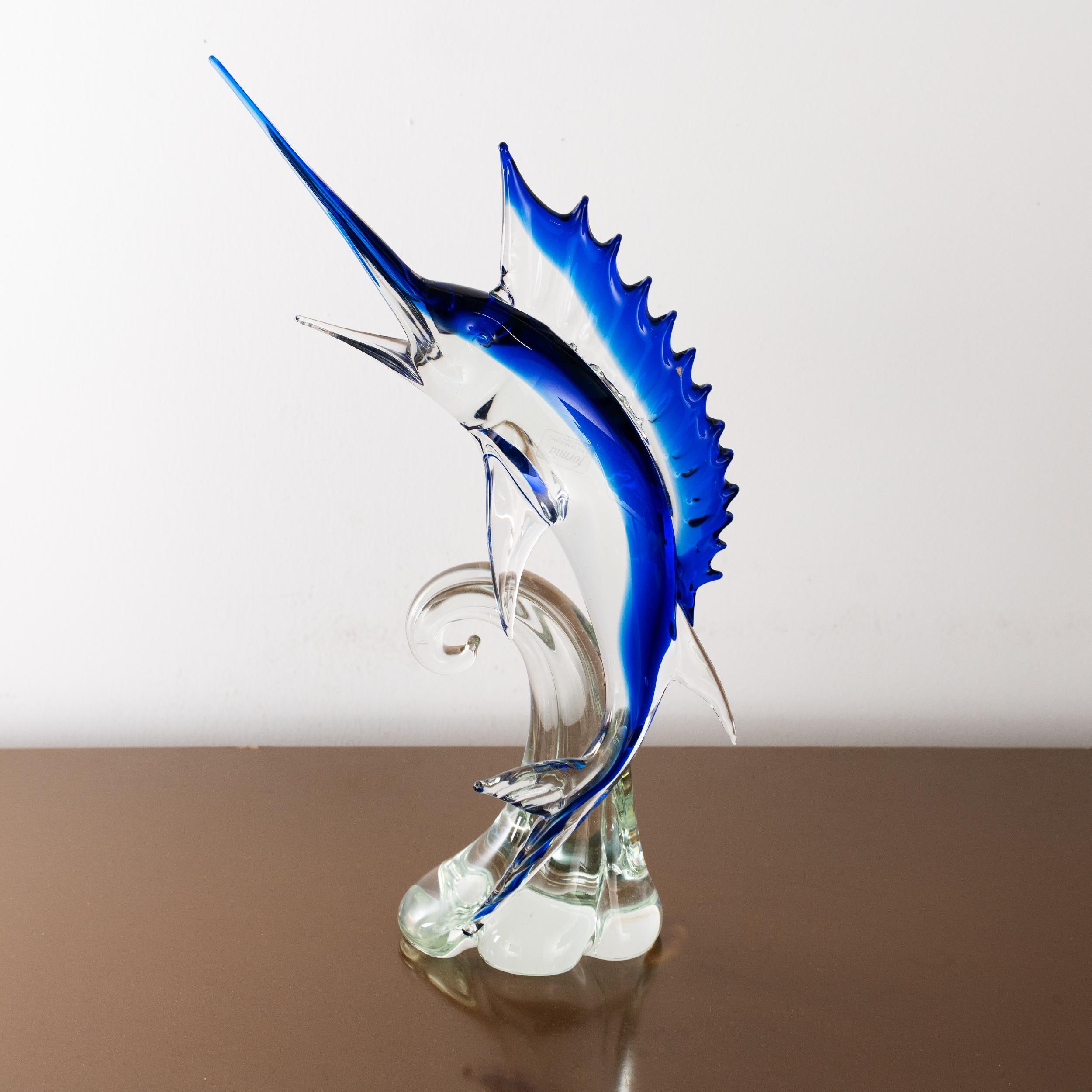 Gran Escultura de Pez Espada en cristal de Murano Azul y Cristal, Italia en stock siglo XX en venta