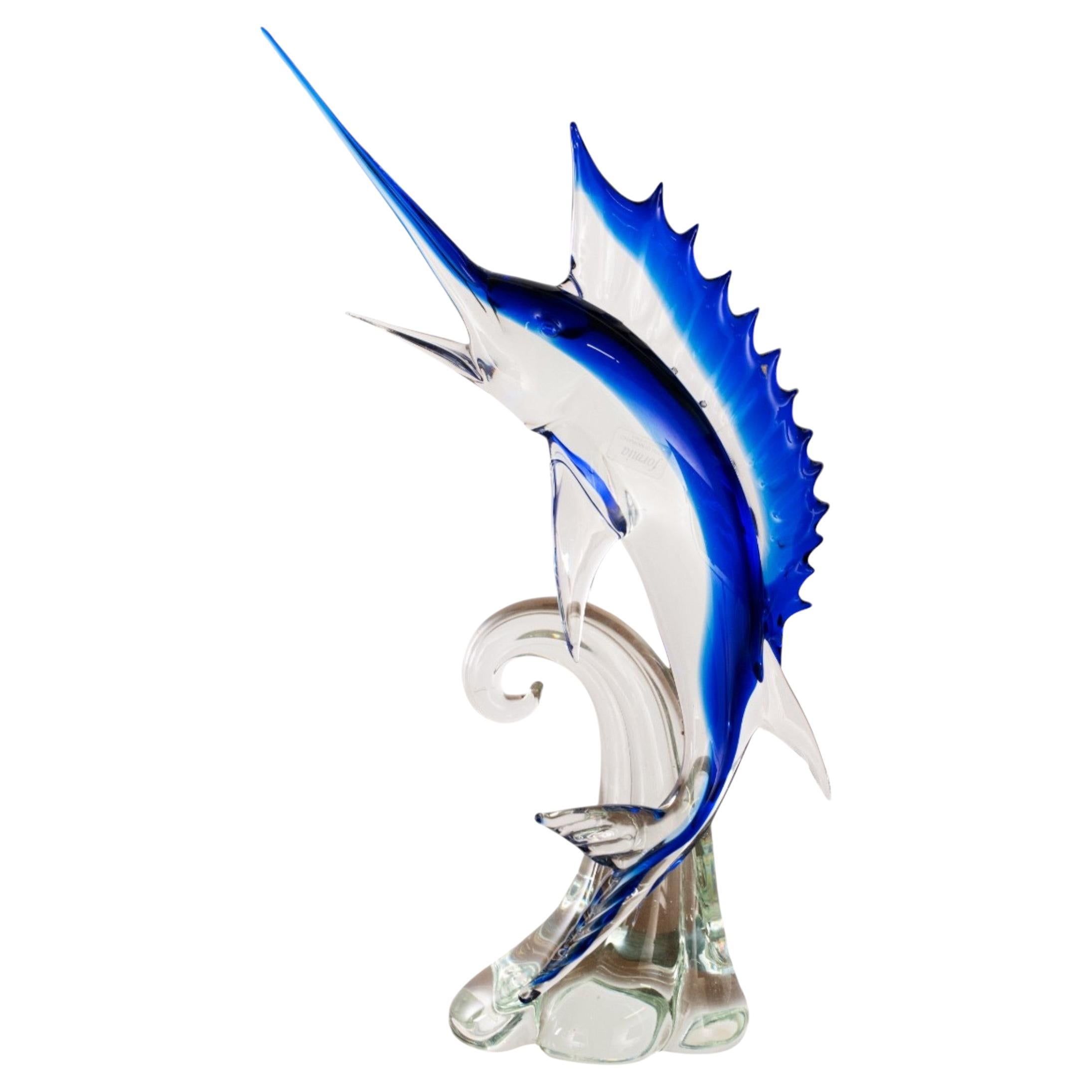 Large Swordfish Sculpture in Blue and Crystal Murano glass, Italy in stock