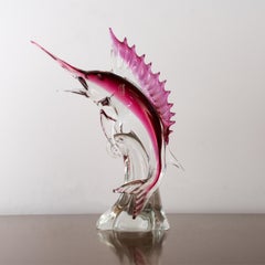 Large Swordfish Sculpture ruby Pink and Crystal Murano glass, Italy in stock