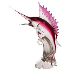 Large Swordfish Sculpture ruby Pink and Crystal Murano glass, Italy in stock