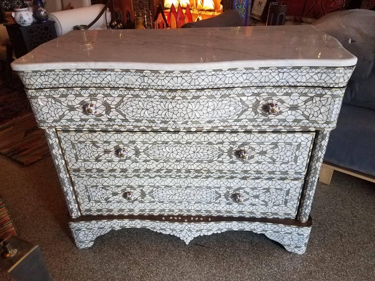 Large Syrian Mother-of-Pearl Walnut Wood Chest of Drawers, Ivory color