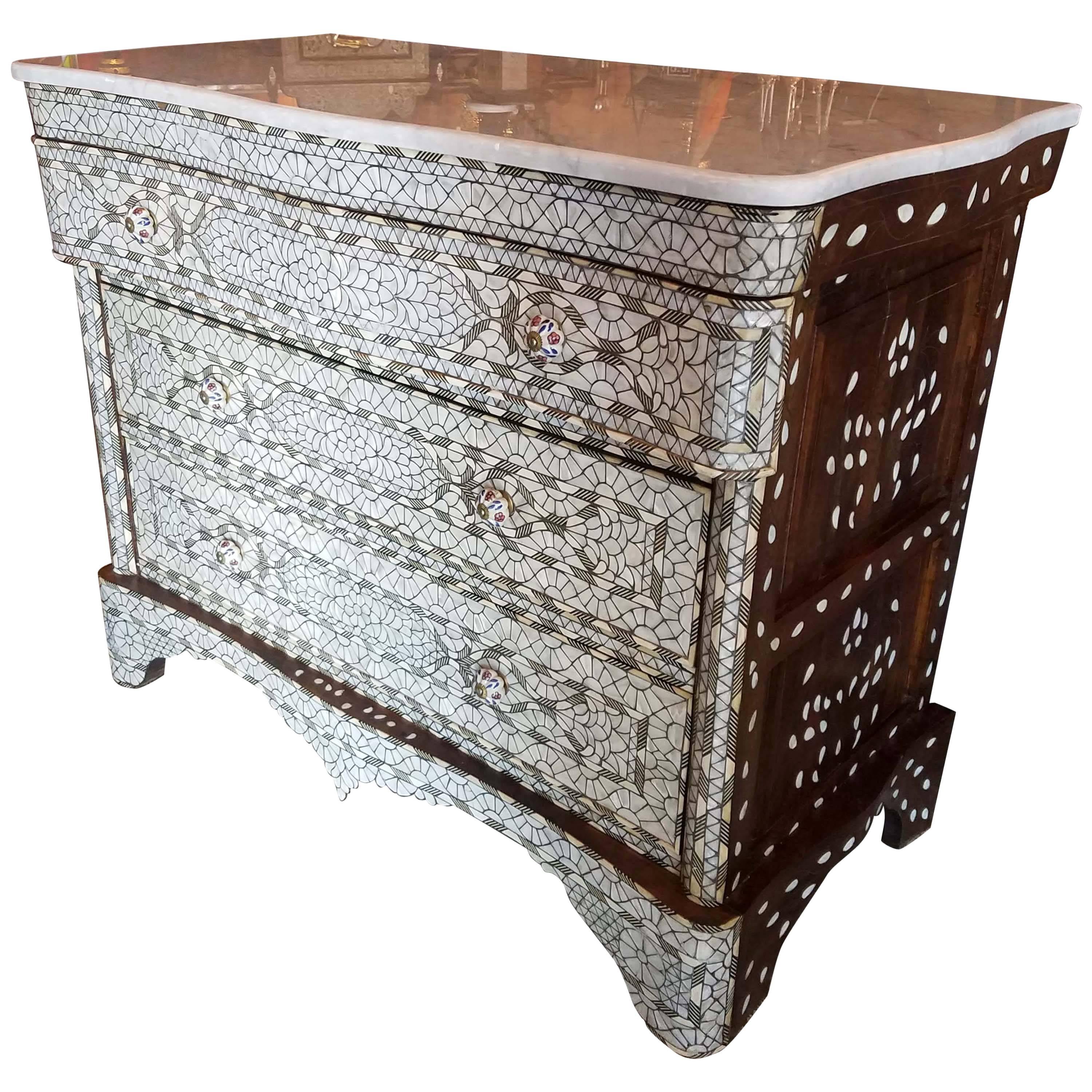 Large Syrian Mother-of-Pearl Walnut Wood Chest of Drawers, Ivory color. For Sale