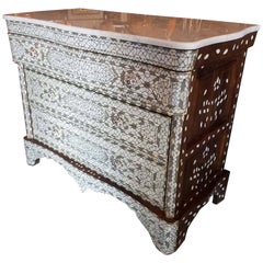 Large Syrian Mother-of-Pearl Walnut Wood Chest of Drawers, Ivory color.