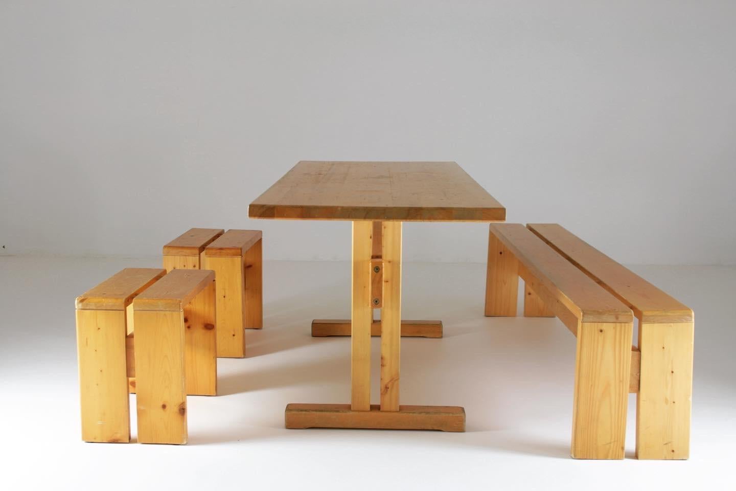 Mid-Century Modern Large Table, Bench and 2 Stools Les Arcs, Charlotte Perriand, France, 1960s For Sale