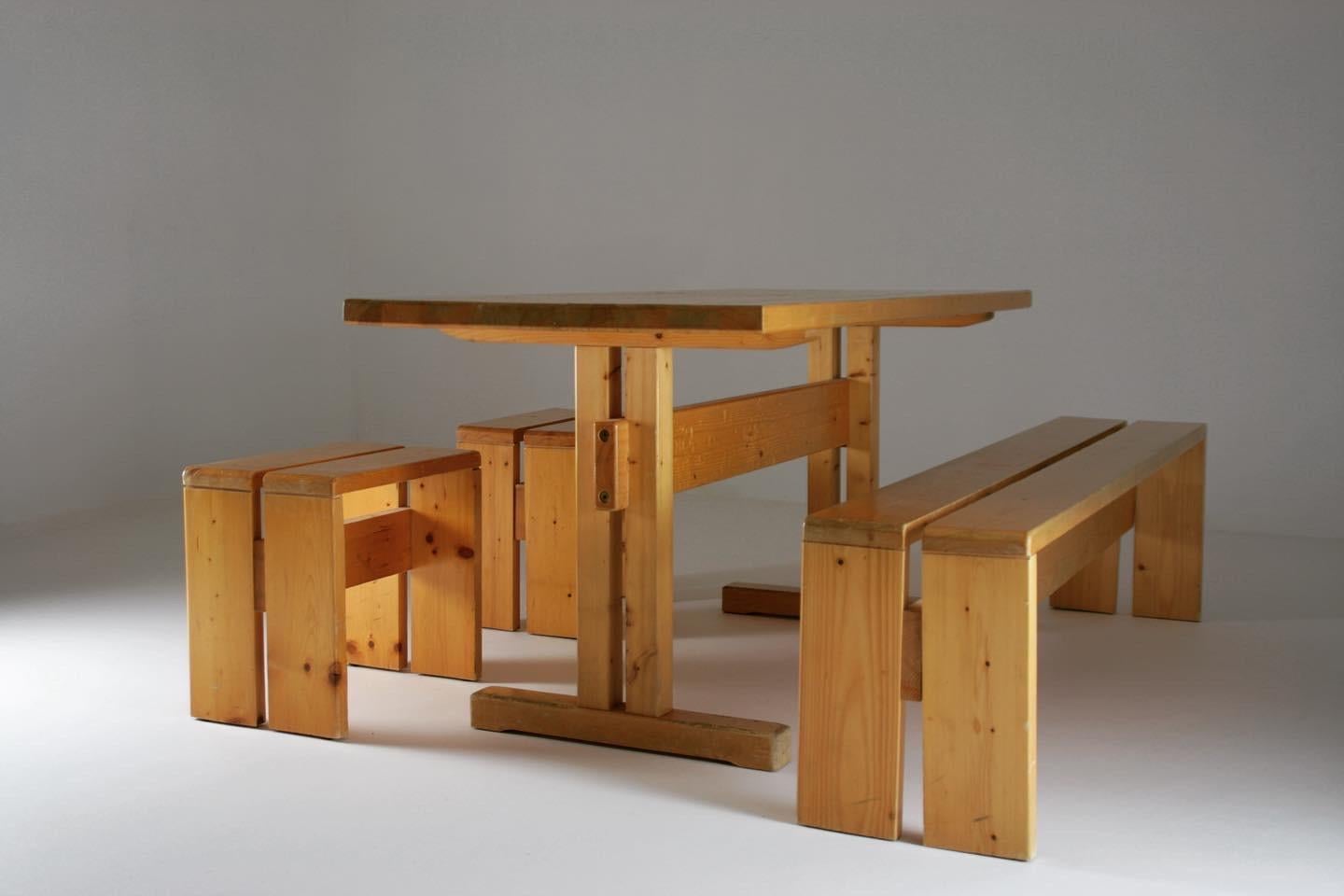 French Large Table, Bench and 2 Stools Les Arcs, Charlotte Perriand, France, 1960s For Sale