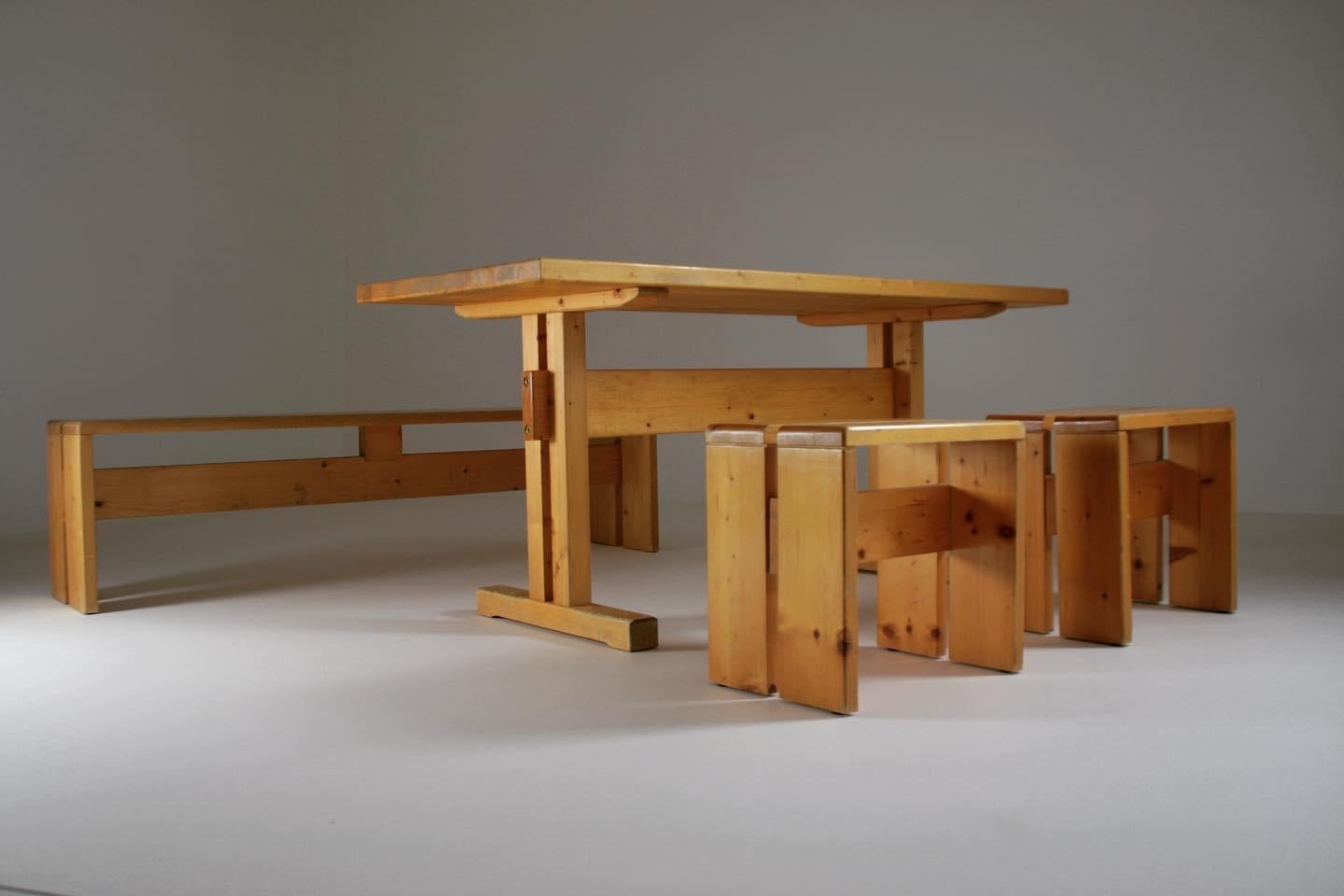 20th Century Large Table, Bench and 2 Stools Les Arcs, Charlotte Perriand, France, 1960s For Sale