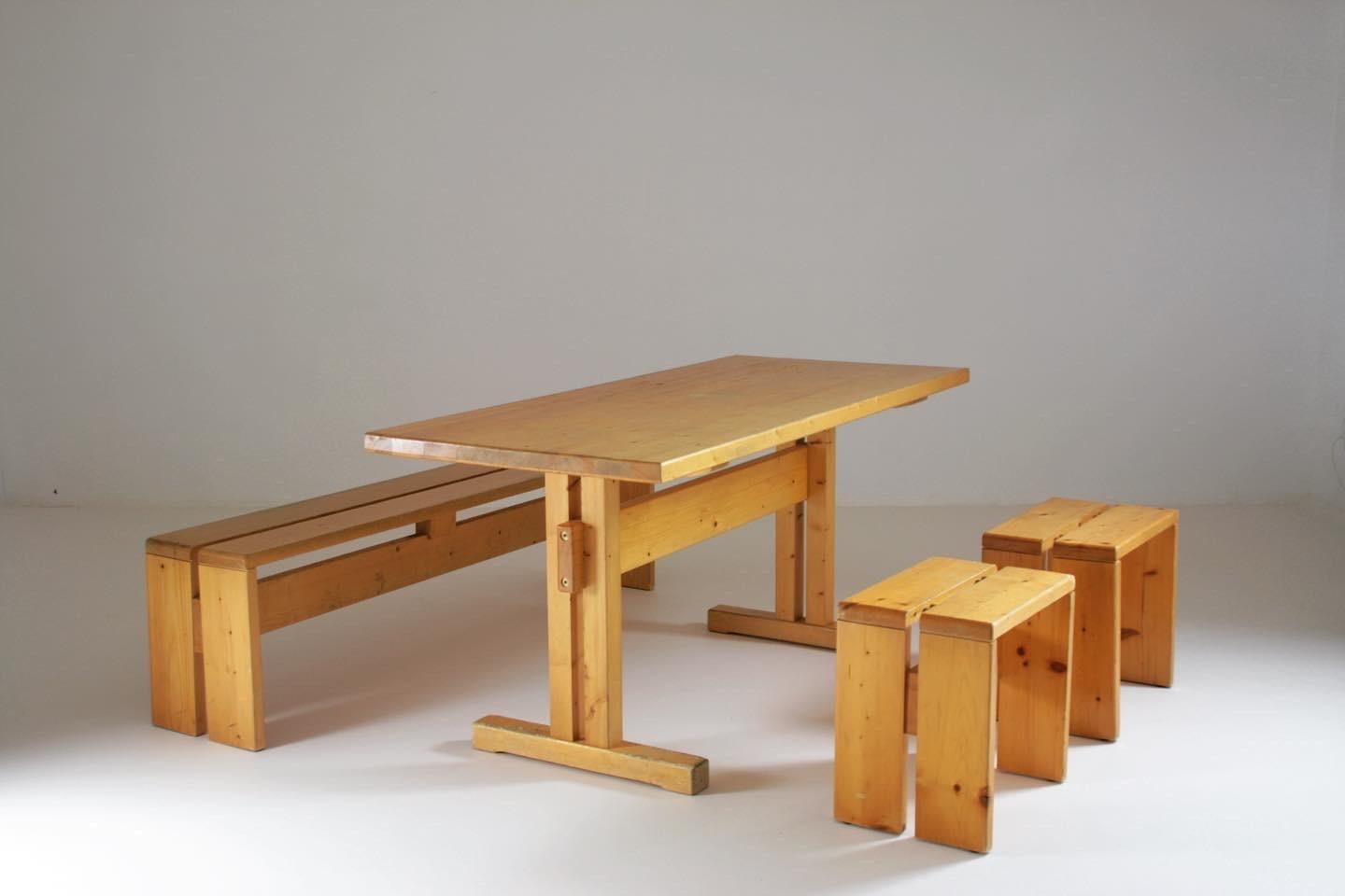 Large Table, Bench and 2 Stools Les Arcs, Charlotte Perriand, France, 1960s For Sale 1