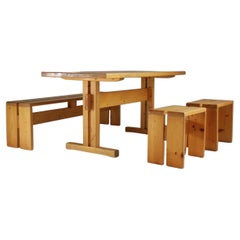 Large Table, Bench and 2 Stools Les Arcs, Charlotte Perriand, France, 1960s