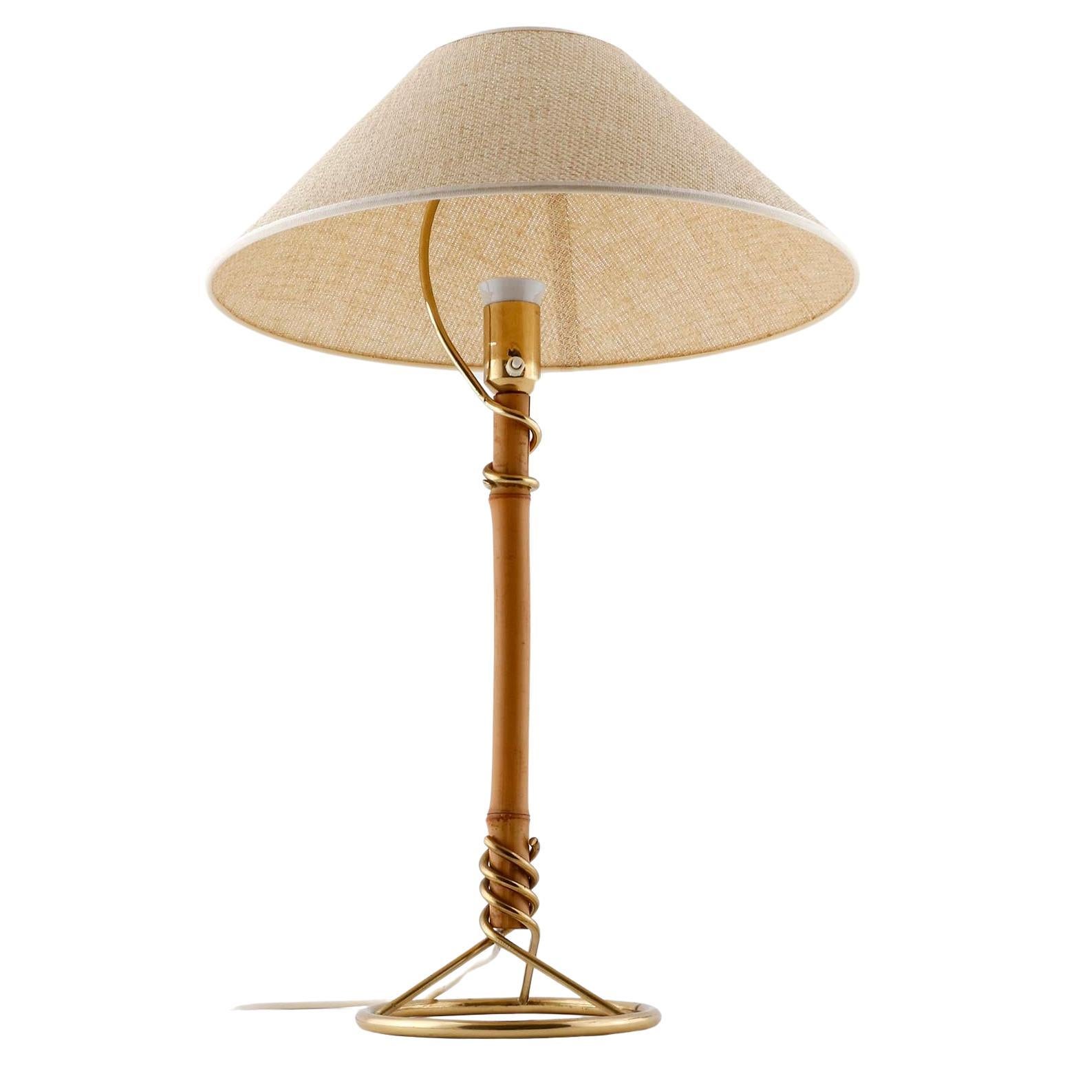 Mid-Century Modern Large Table Lamp, Brass Bamboo Cane Wicker Shade, attr. J.T. Kalmar, 1950s For Sale