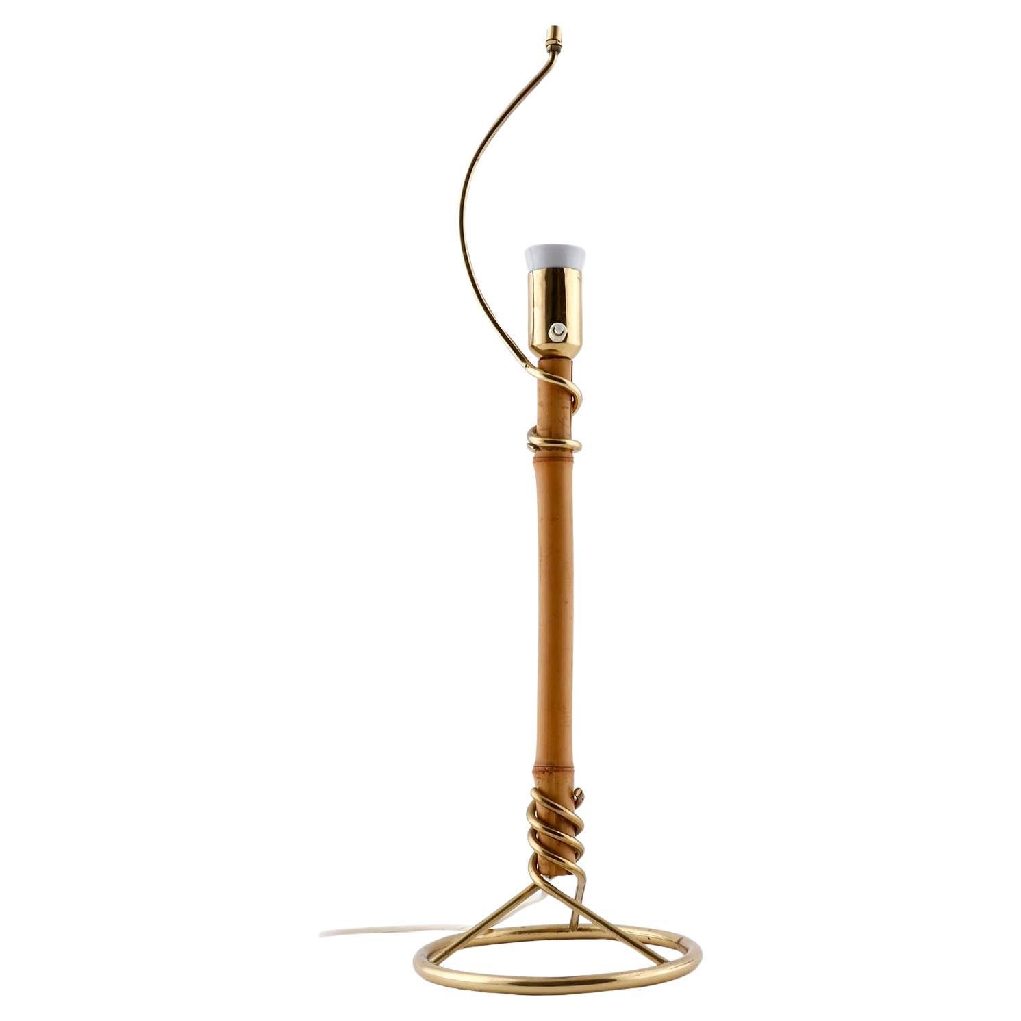 Austrian Large Table Lamp, Brass Bamboo Cane Wicker Shade, attr. J.T. Kalmar, 1950s For Sale