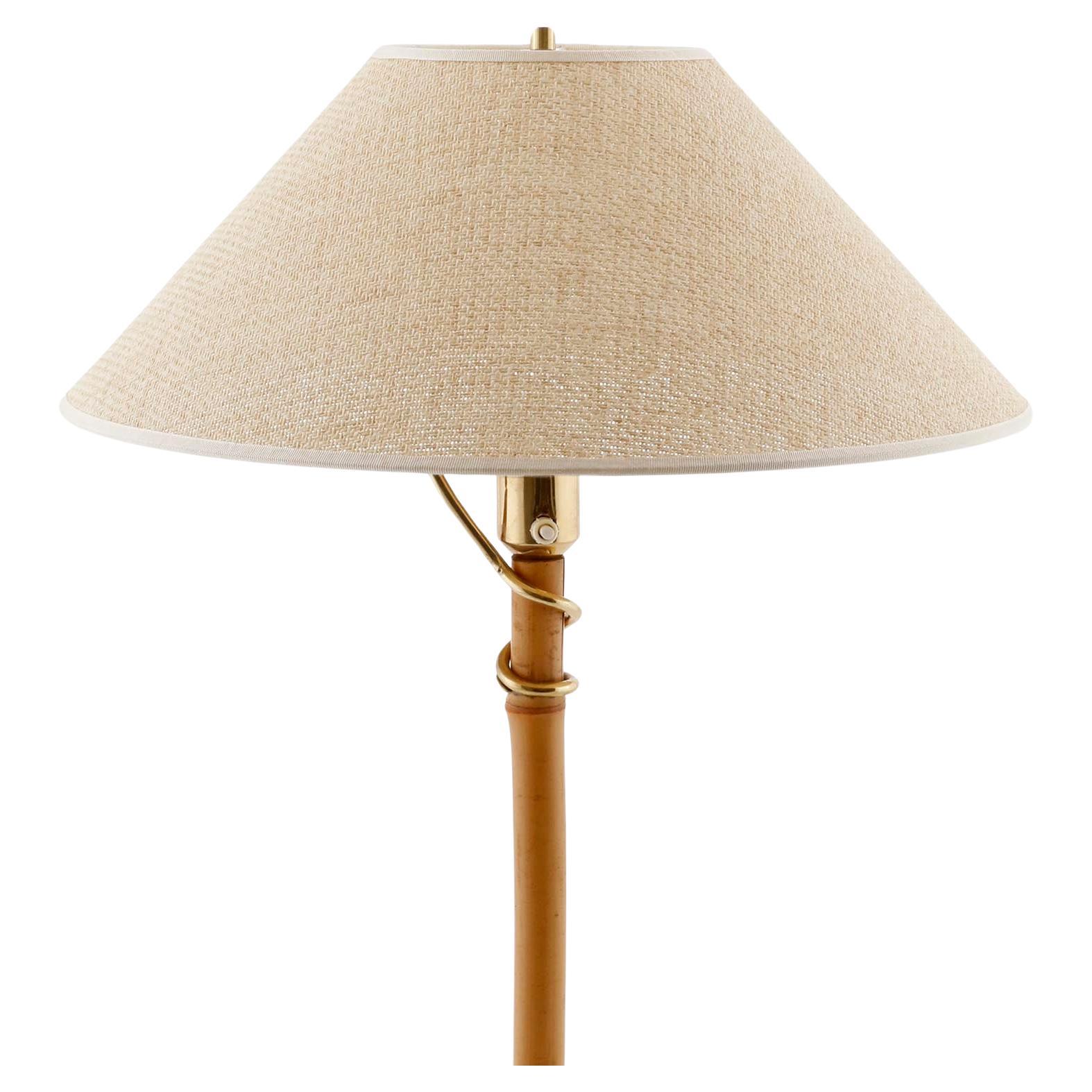 Polished Large Table Lamp, Brass Bamboo Cane Wicker Shade, attr. J.T. Kalmar, 1950s For Sale
