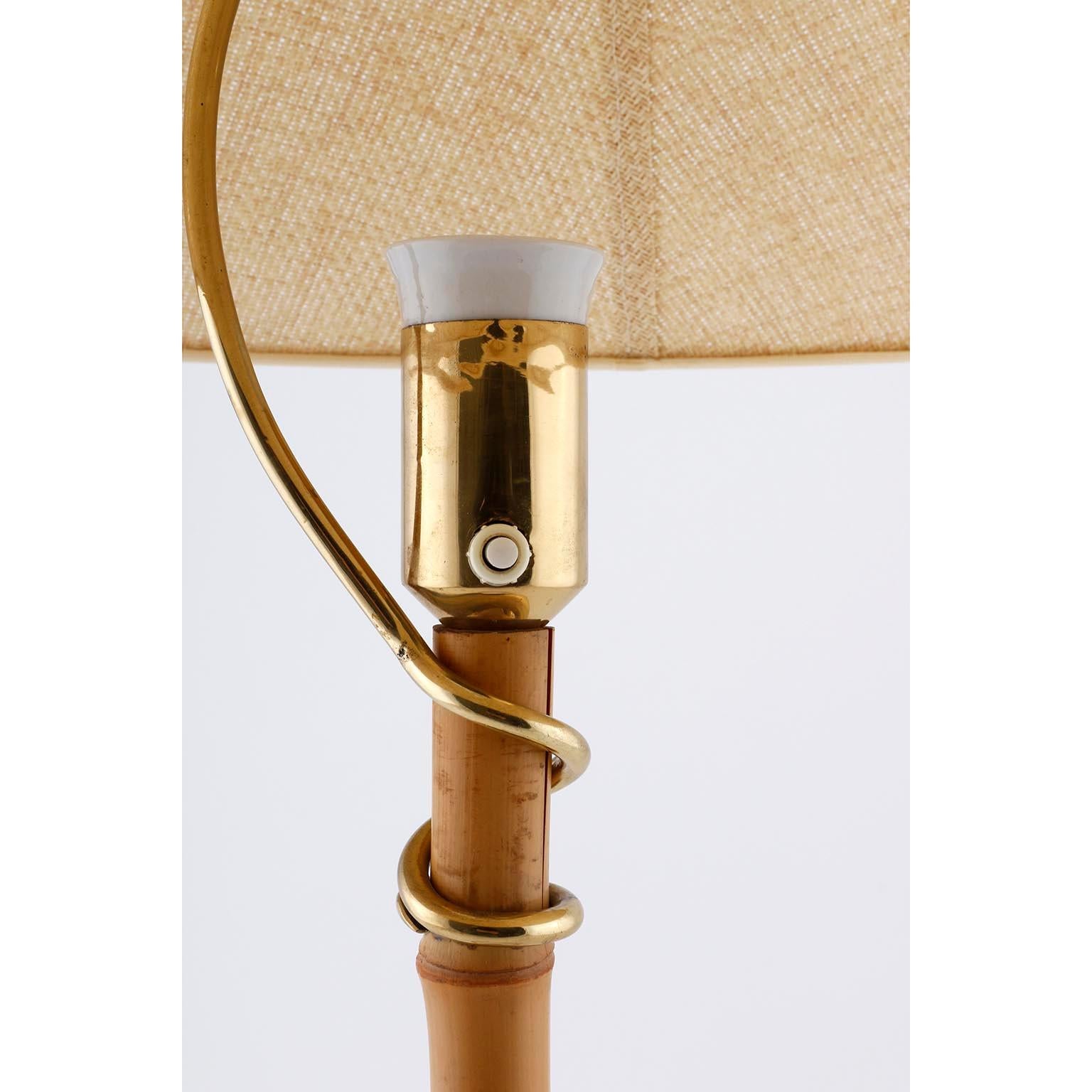 Mid-20th Century Large Table Lamp, Brass Bamboo Cane Wicker Shade, attr. J.T. Kalmar, 1950s For Sale