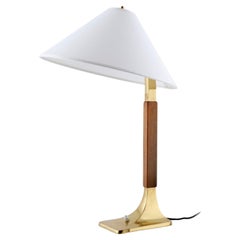 Large Table Lamp Brass Walnut Wood White Shade, attr. J.T. Kalmar, Austria, 1960