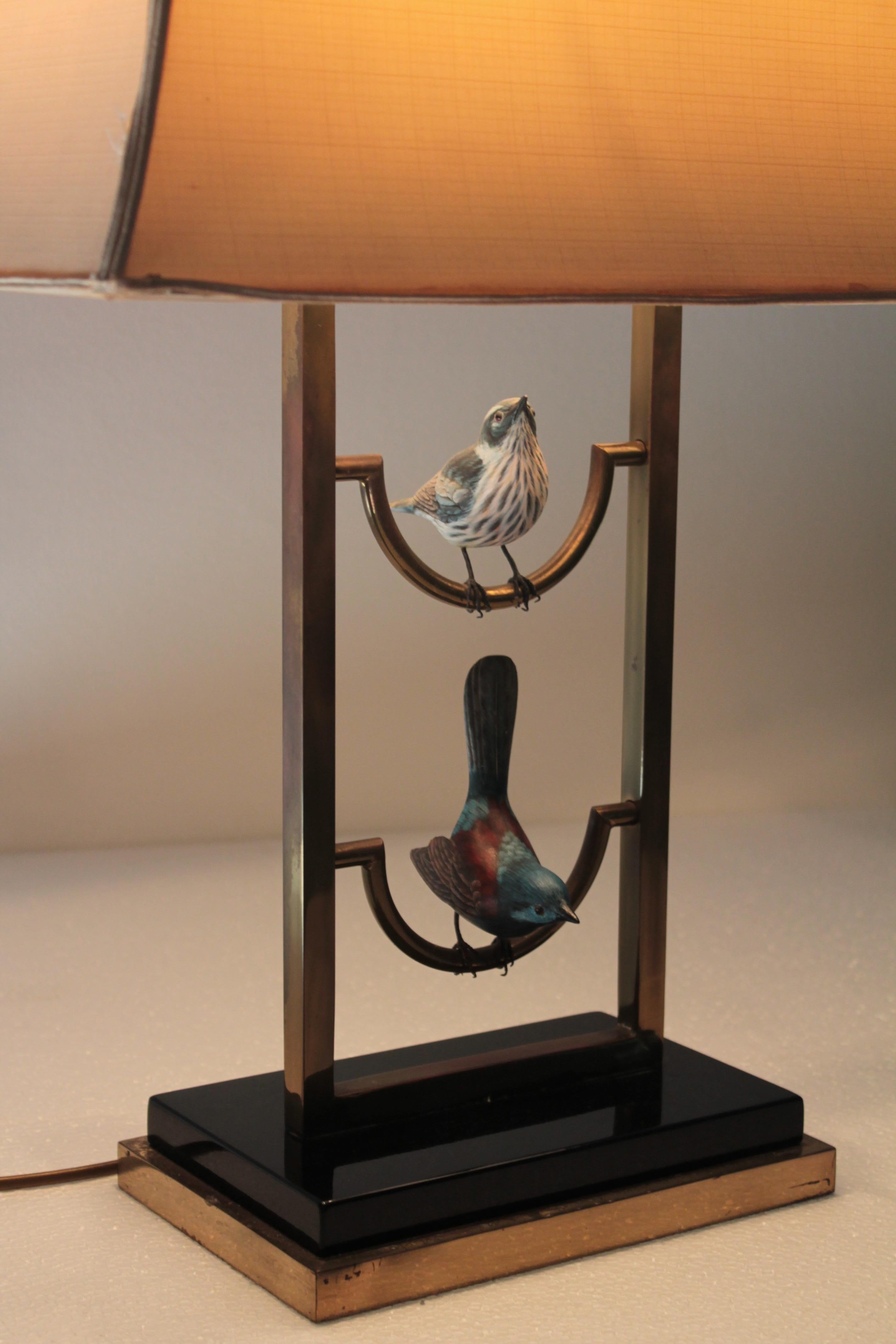 Large Table Lamp Brass with Wood Birds 1960s Romeo Rega Era 13