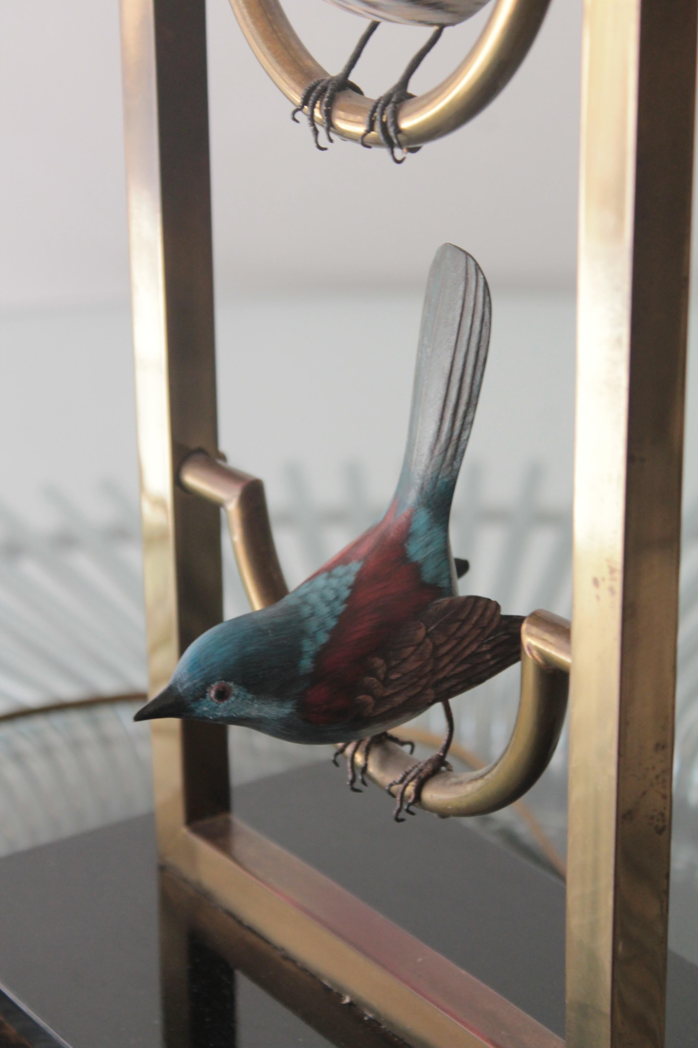 Large Table Lamp Brass with Wood Birds 1960s Romeo Rega Era In Good Condition In Palermo, Palermo