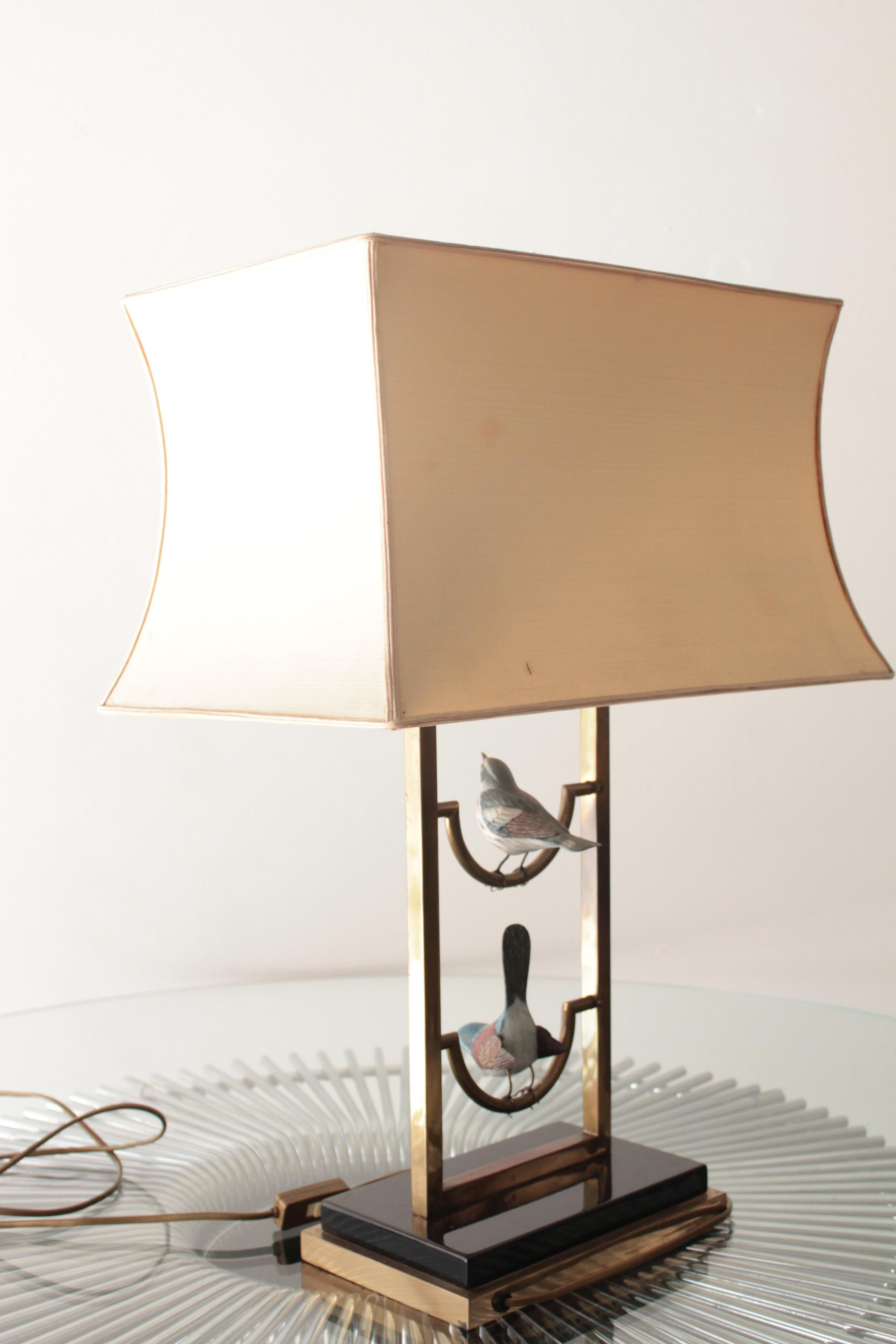 Mid-20th Century Large Table Lamp Brass with Wood Birds 1960s Romeo Rega Era