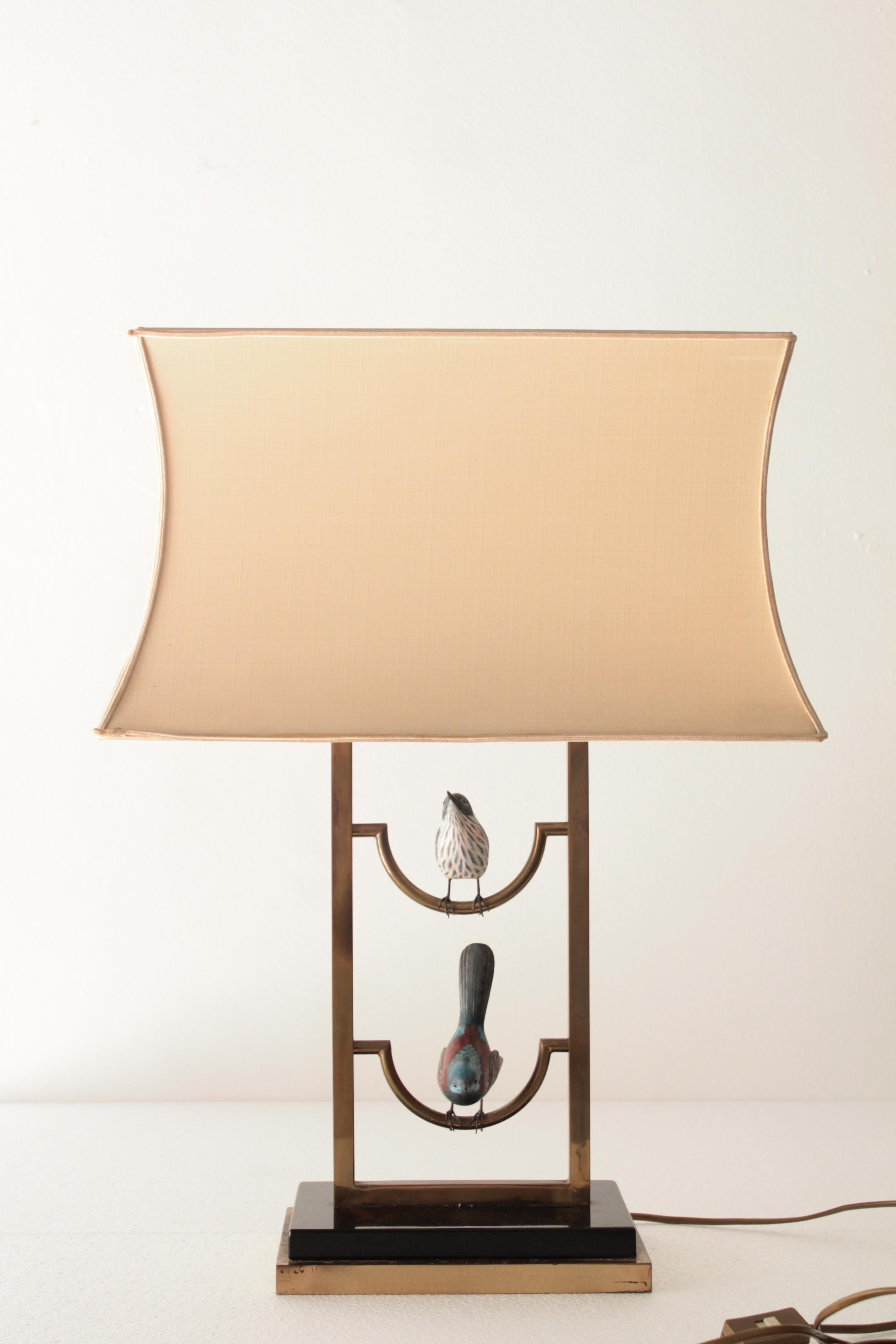 Large Table Lamp Brass with Wood Birds 1960s Romeo Rega Era 2