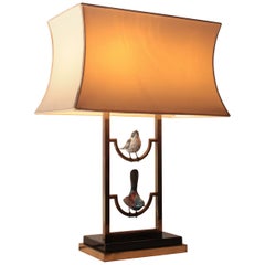 Large Table Lamp Brass with Wood Birds 1960s Romeo Rega Era